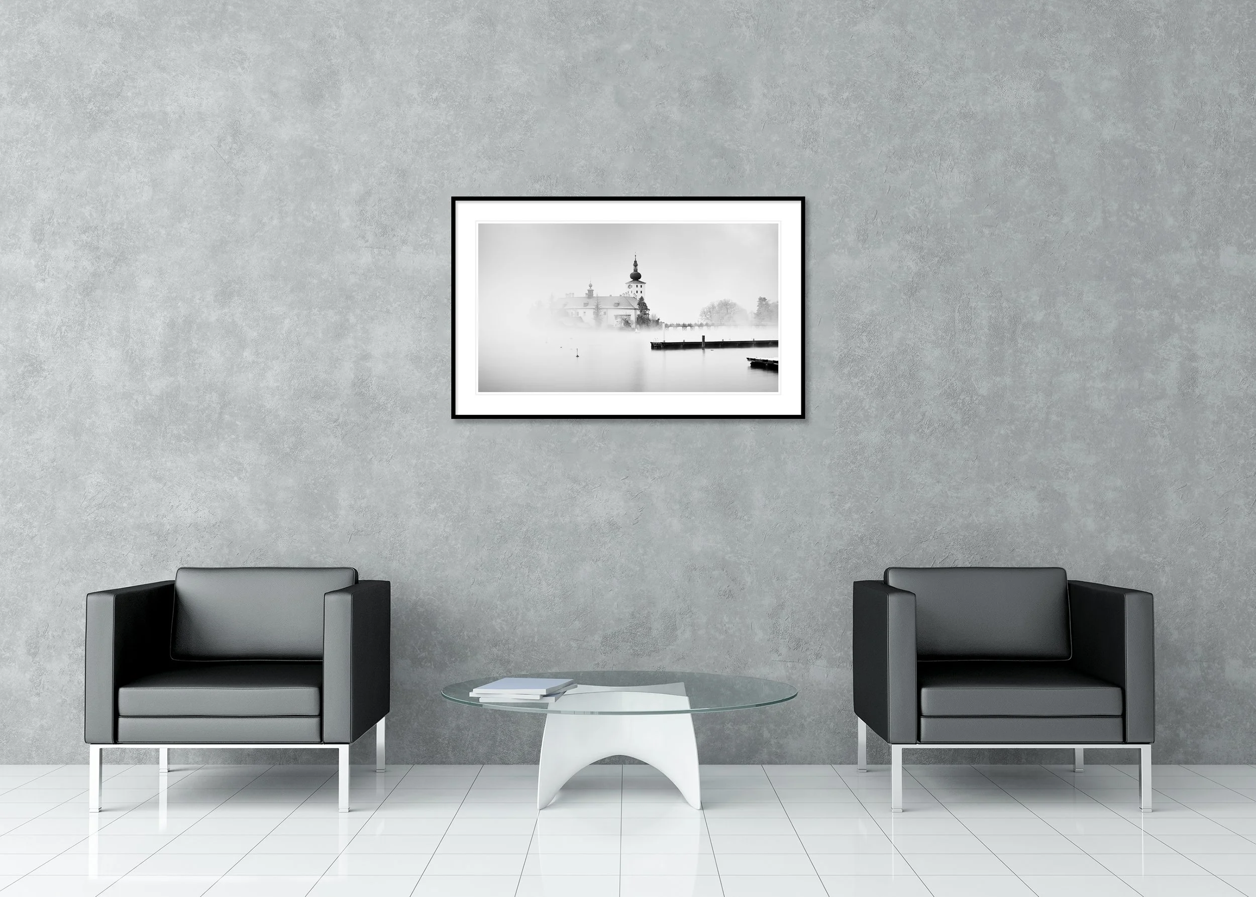 Gerald Berghammer - Seeschloss Ort, minimalist waterscape, foggy morning, Austria, Archival pigment print, aluminium frame, passe-partout, anti reflex glass