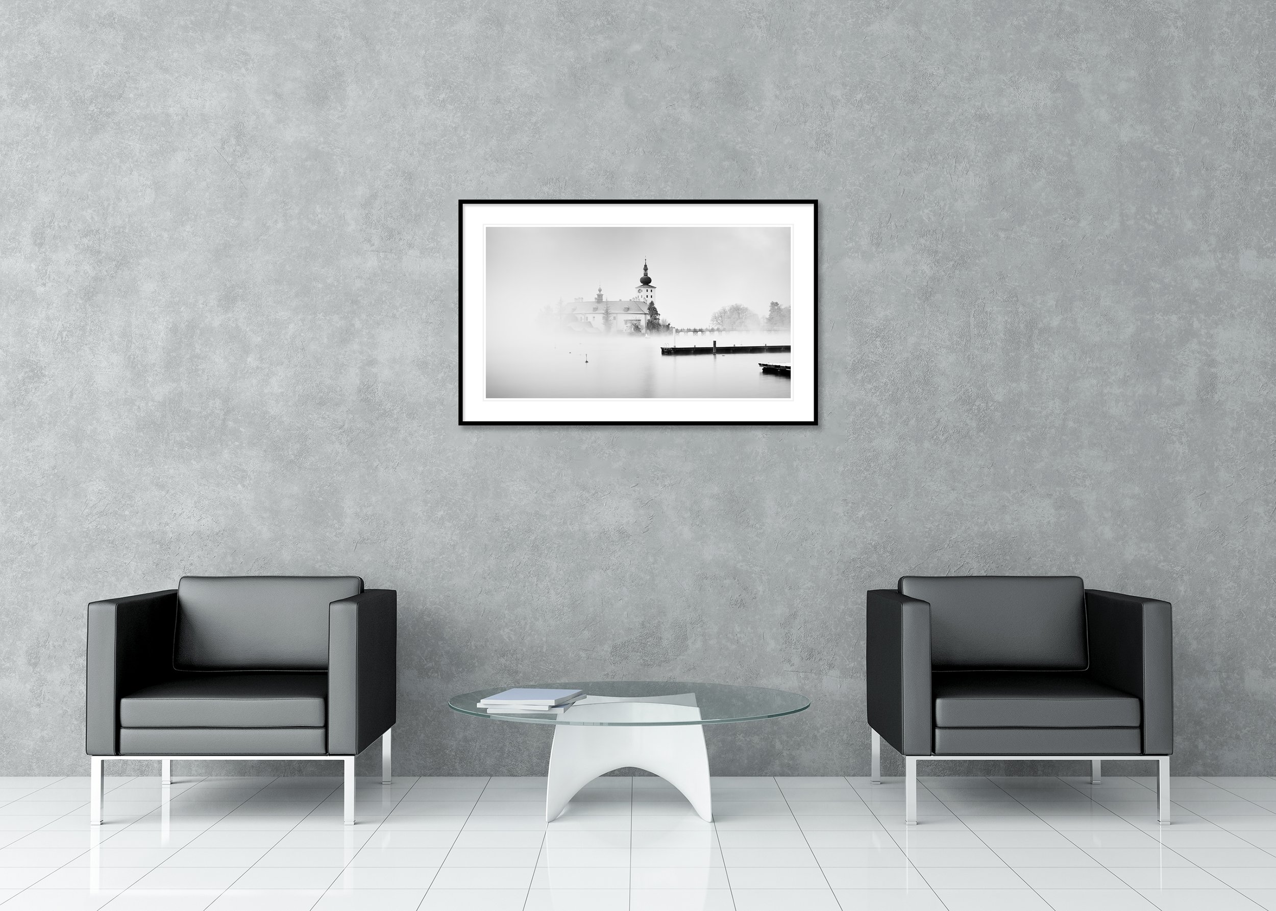 Seeschloss Ort, Study 3 – archival pigment print in a black aluminium frame with a white mount in a modern lounge.