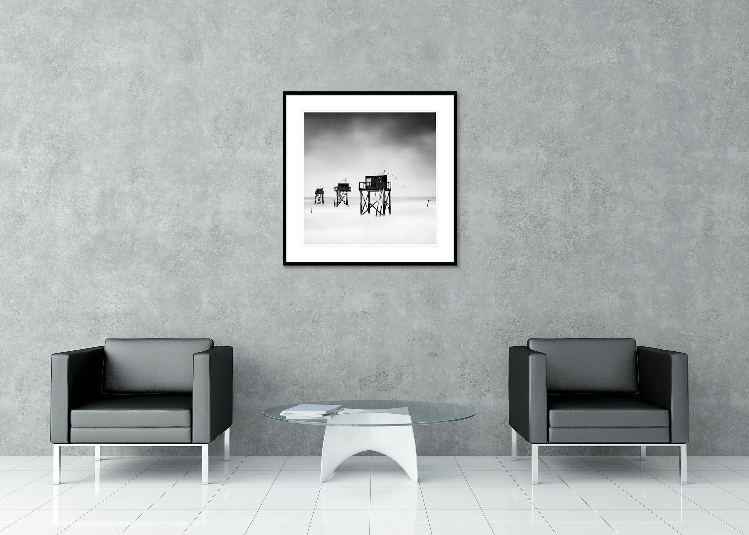Fishing Hut on Stilts, Study 7 – archival pigment print in a black aluminium frame with a white mount in a modern lounge.