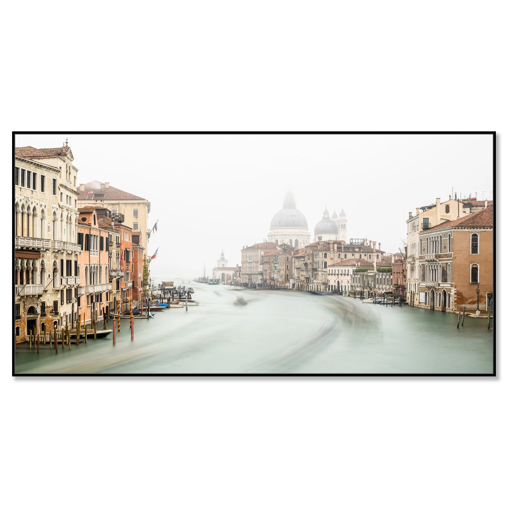 © 2025 Gerald Berghammer - Color cityscape photo. Foggy grand canal with historic buildings on both sides and the domed Basilica di Santa Maria della Salute. Chromaluxe framed black