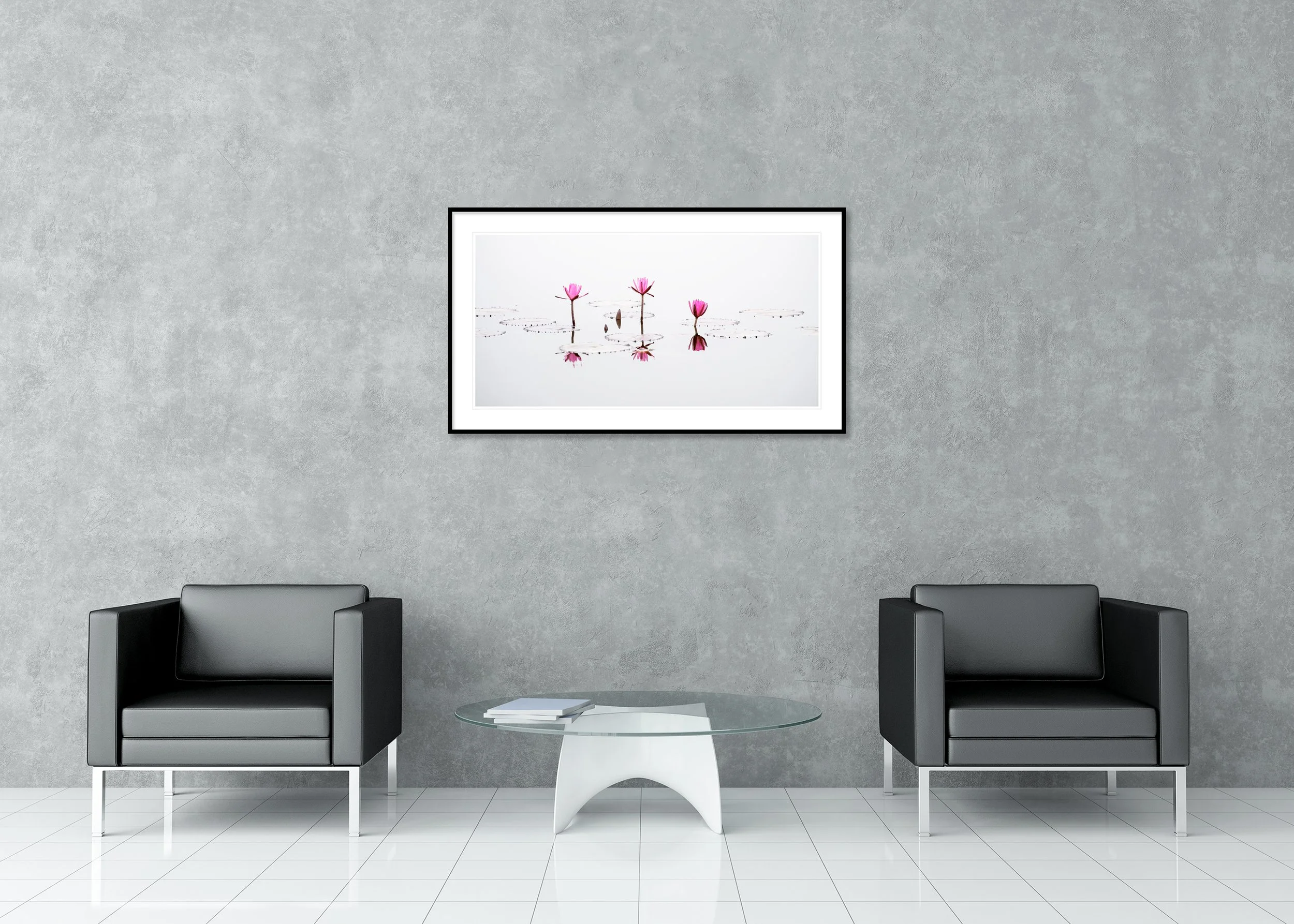 Minimalist photograph of pink lotus flower reflected on calm water, classic framed fine art print with passepartout by Gerald Berghammer.