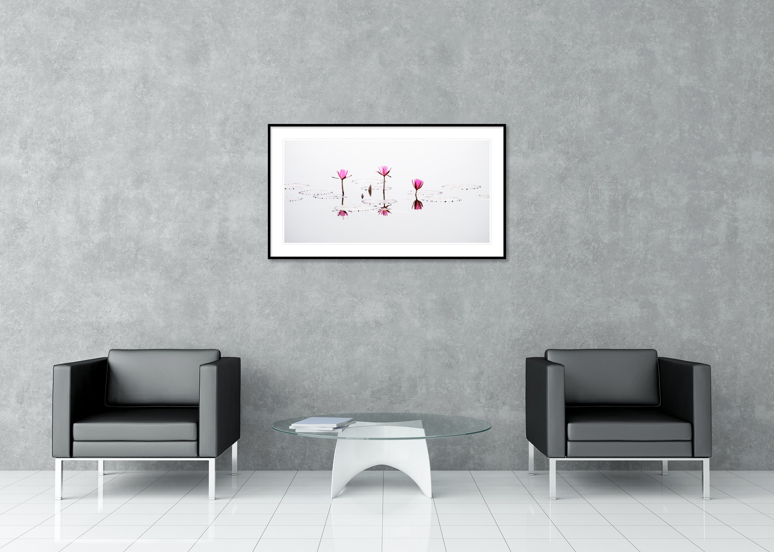 Pink lotus flowers reflected on calm water with near-perfect symmetry in a minimalist fine art composition. Archival Pigment Print – Classic Frame with Passe-Partout