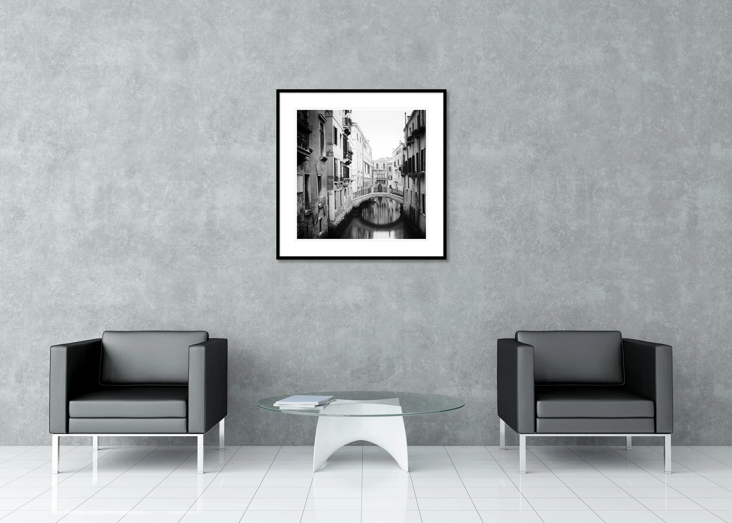 The Bridges of Venice, Study 2 – archival pigment print in a black aluminium frame with a white mount in a modern lounge.
