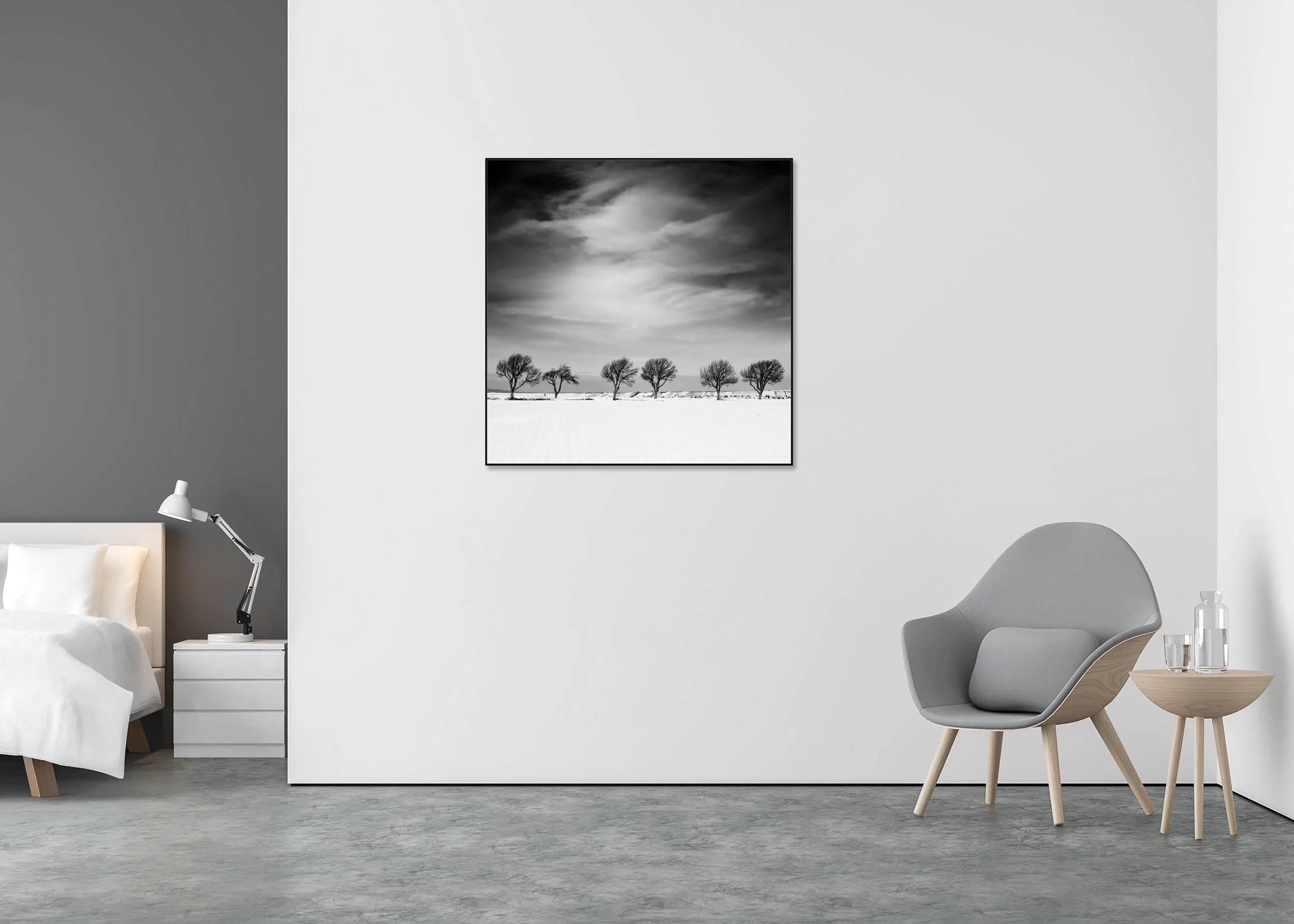 Cherry Tree in Winter, Study 1 – black-and-white photo print in an aluminium ArtBox displayed in a minimalist bedroom.