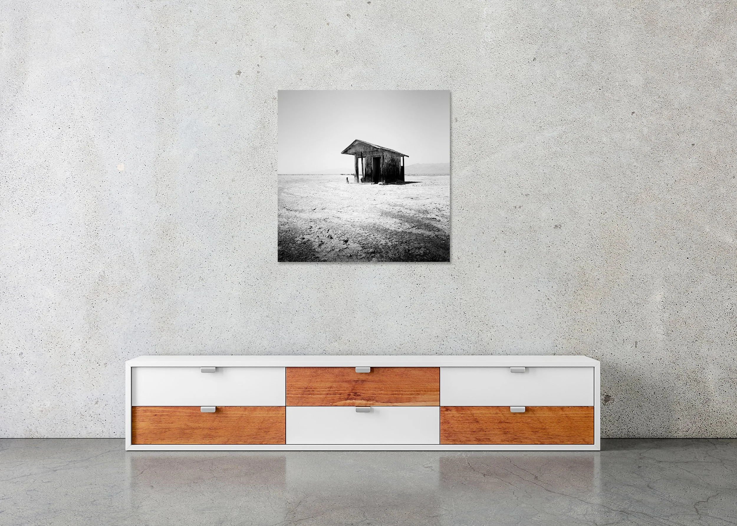 Bath House Study 1 displayed in a modern interior as a frameless black-and-white artwork mounted on aluminium Dibond by Gerald Berghammer.