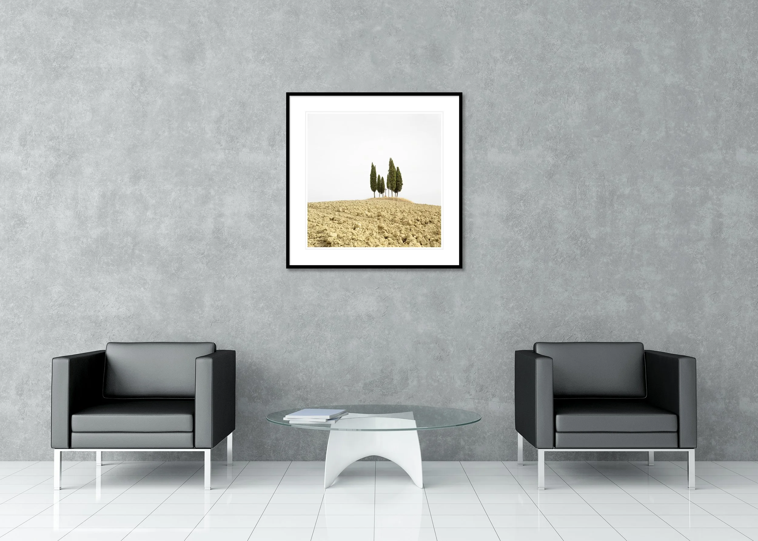 Cypress Tree on a Hill with a Cross displayed in a lounge as an archival pigment print in a black aluminium frame with a white mount by Gerald Berghammer.