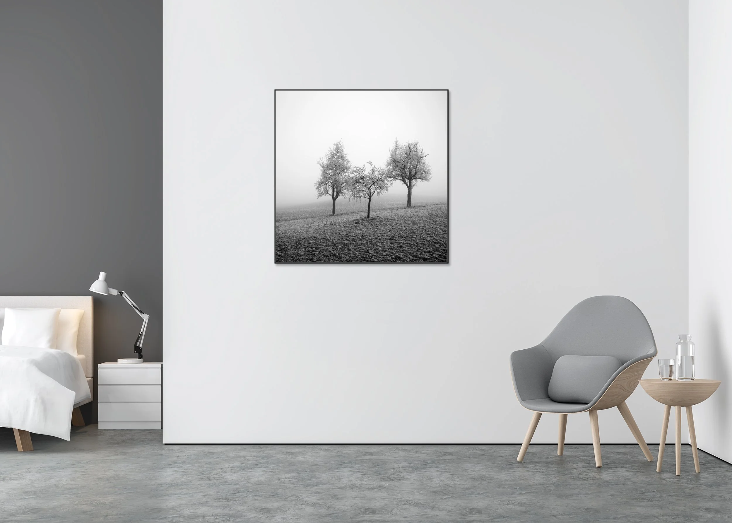Frozen Landscape Study 2 displayed in a modern interior, mounted on aluminium Dibond in a black ArtBox frame by Gerald Berghammer.