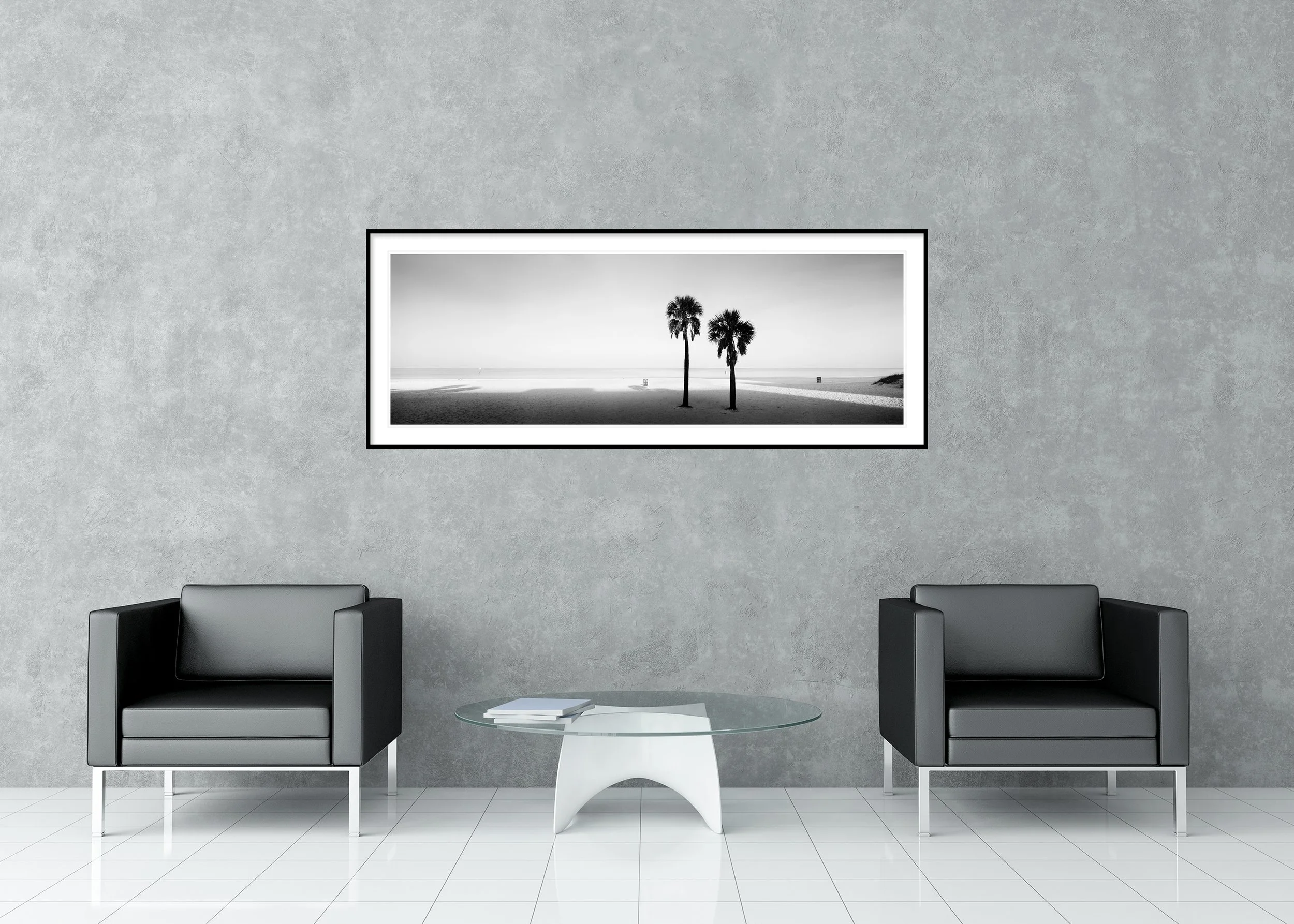 Two Palms Study 1 displayed in a modern interior as an archival pigment print in a black aluminium frame with white mount by Gerald Berghammer.