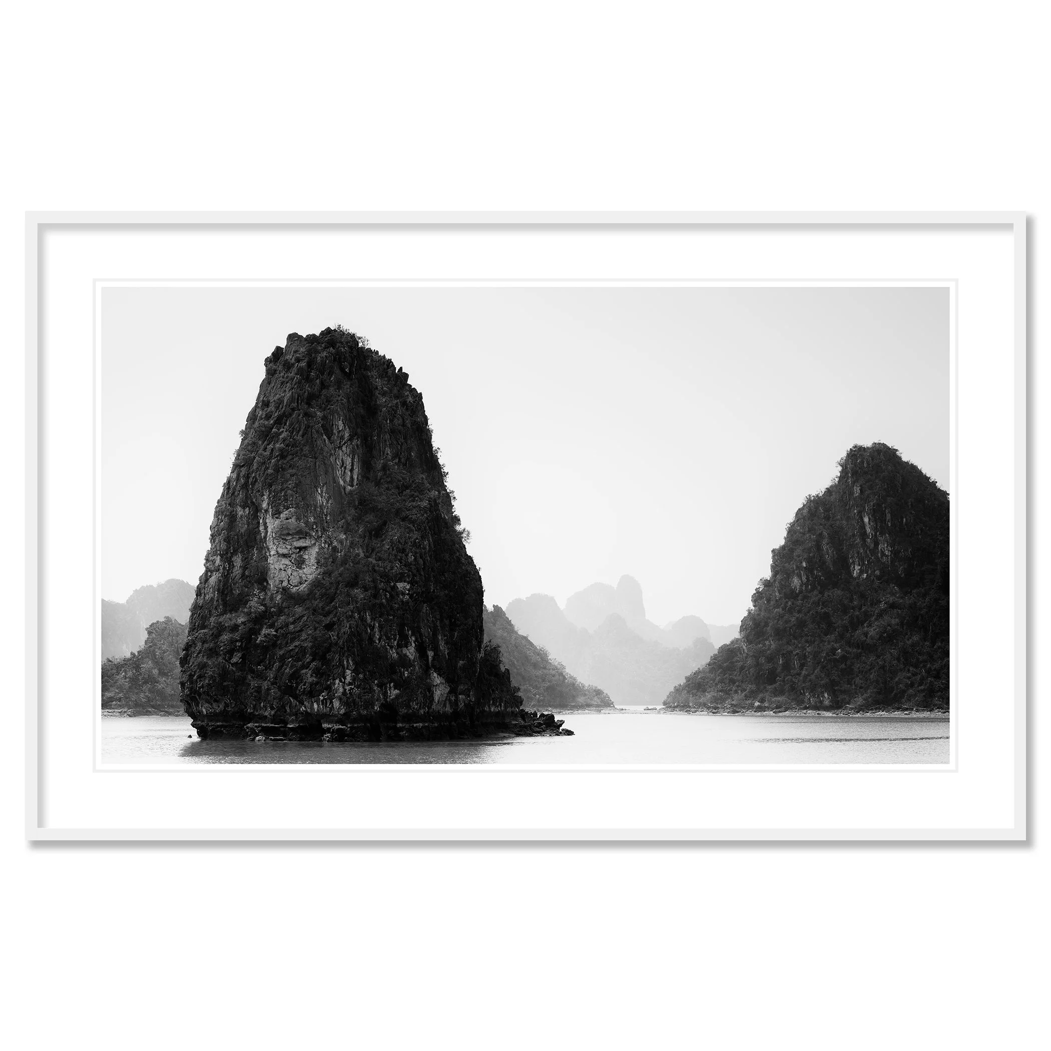 Ha Long Bay Panorama, Study 1 as an archival pigment print in a white aluminium frame with a white mount by Gerald Berghammer.
