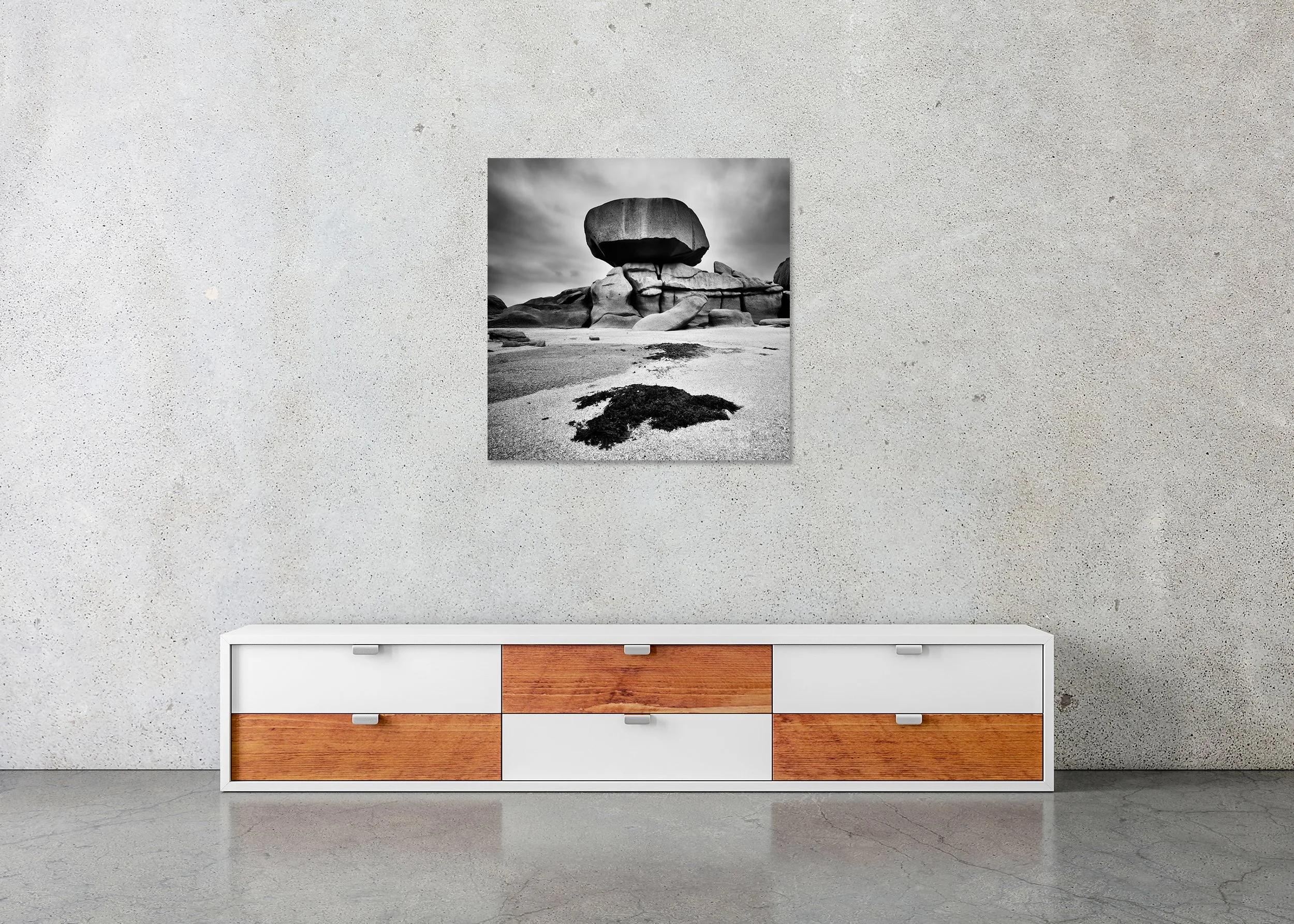 Pink Granite Coast, Study 3 – frameless black-and-white photograph on aluminium Dibond displayed in a minimalist interior.