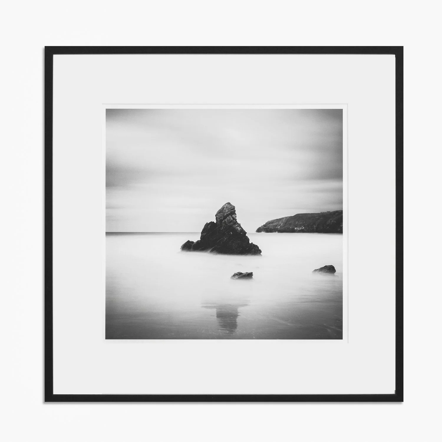 Sea Stack Study 2, Scotland by Gerald Berghammer, framed black-and-white fine art photograph with a black wooden frame and white mount.