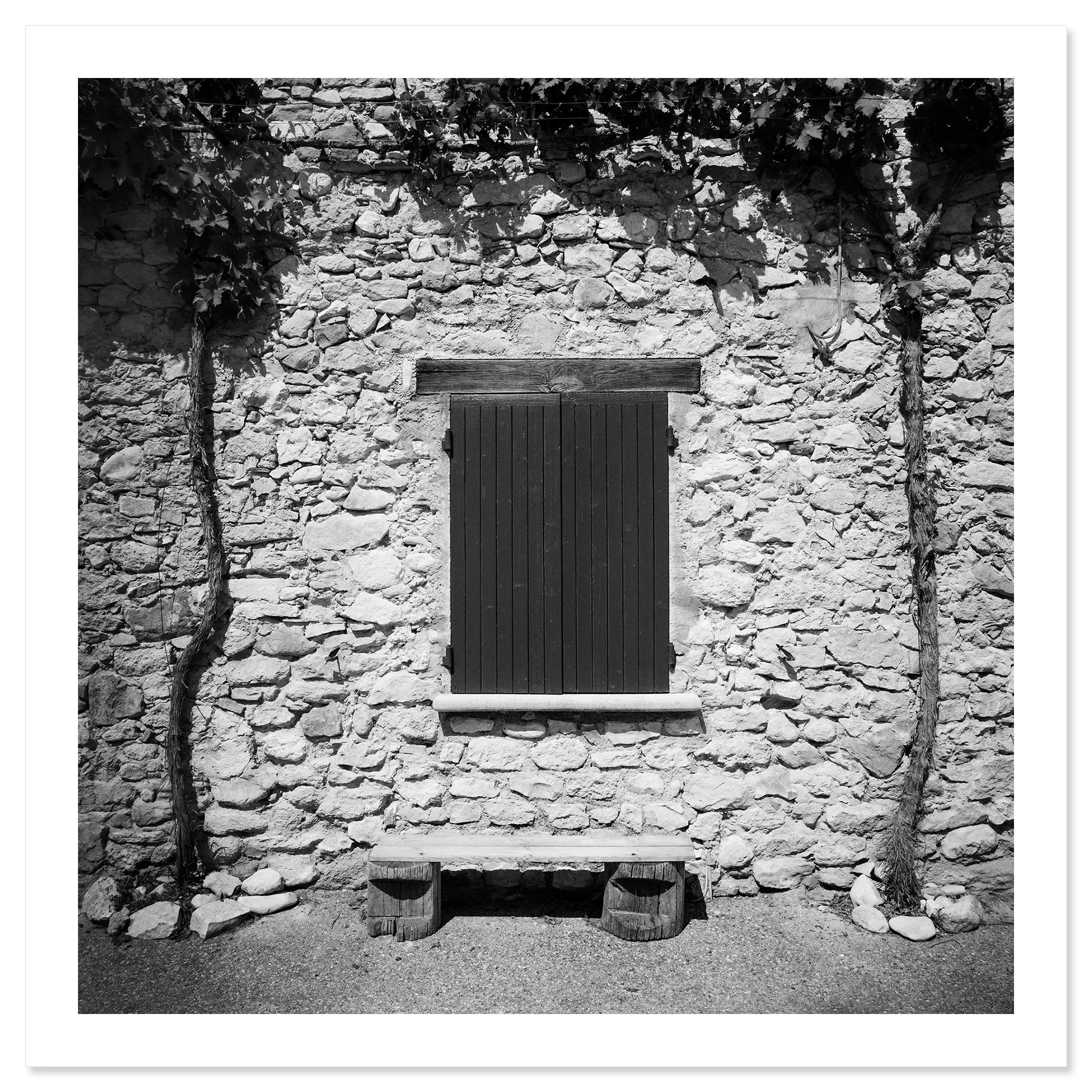 Gerald Berghammer - Black & white photography. Stone wall with a closed wooden window shutter, flanked by climbing vines on both sides, and a small bench. Fine art print only