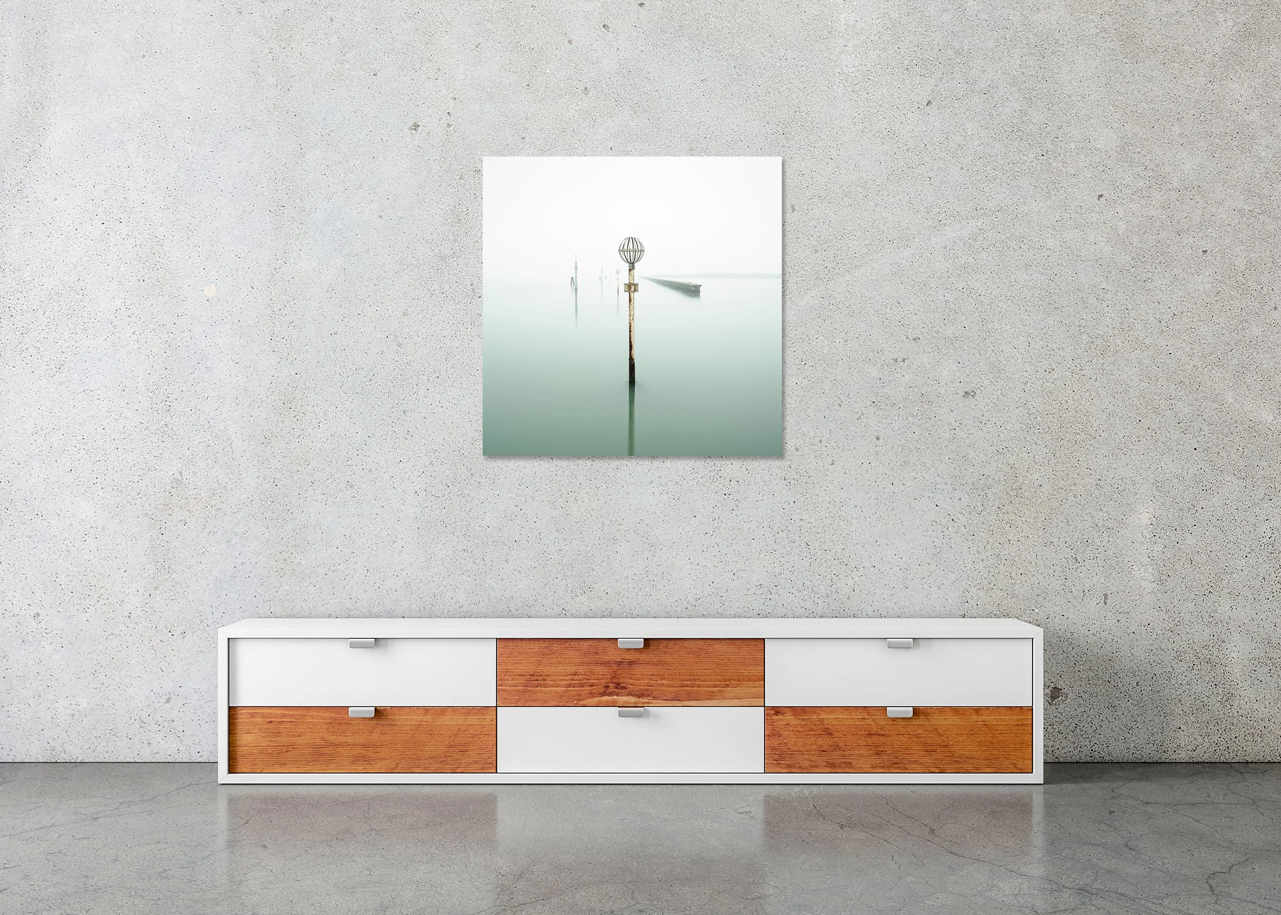Briccole Study 1 displayed in a modern interior as a frameless colour artwork mounted on aluminium Dibond. Photo by Gerald Berghammer.