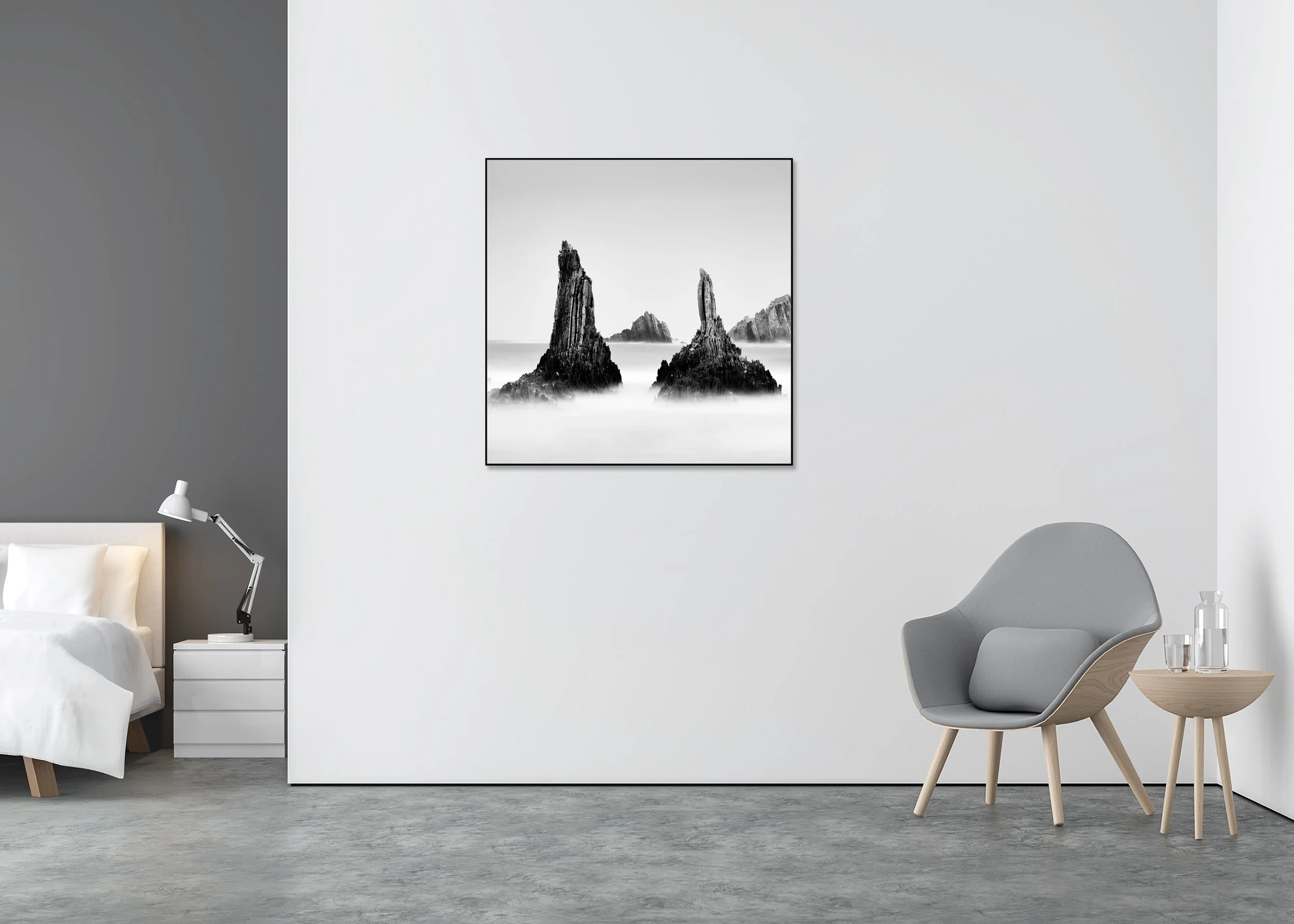 Fine art black-and-white minimalist seascape on ChromaLuxe metal print, aluminium ArtBox, featuring rocky peaks along the Spanish coastline.