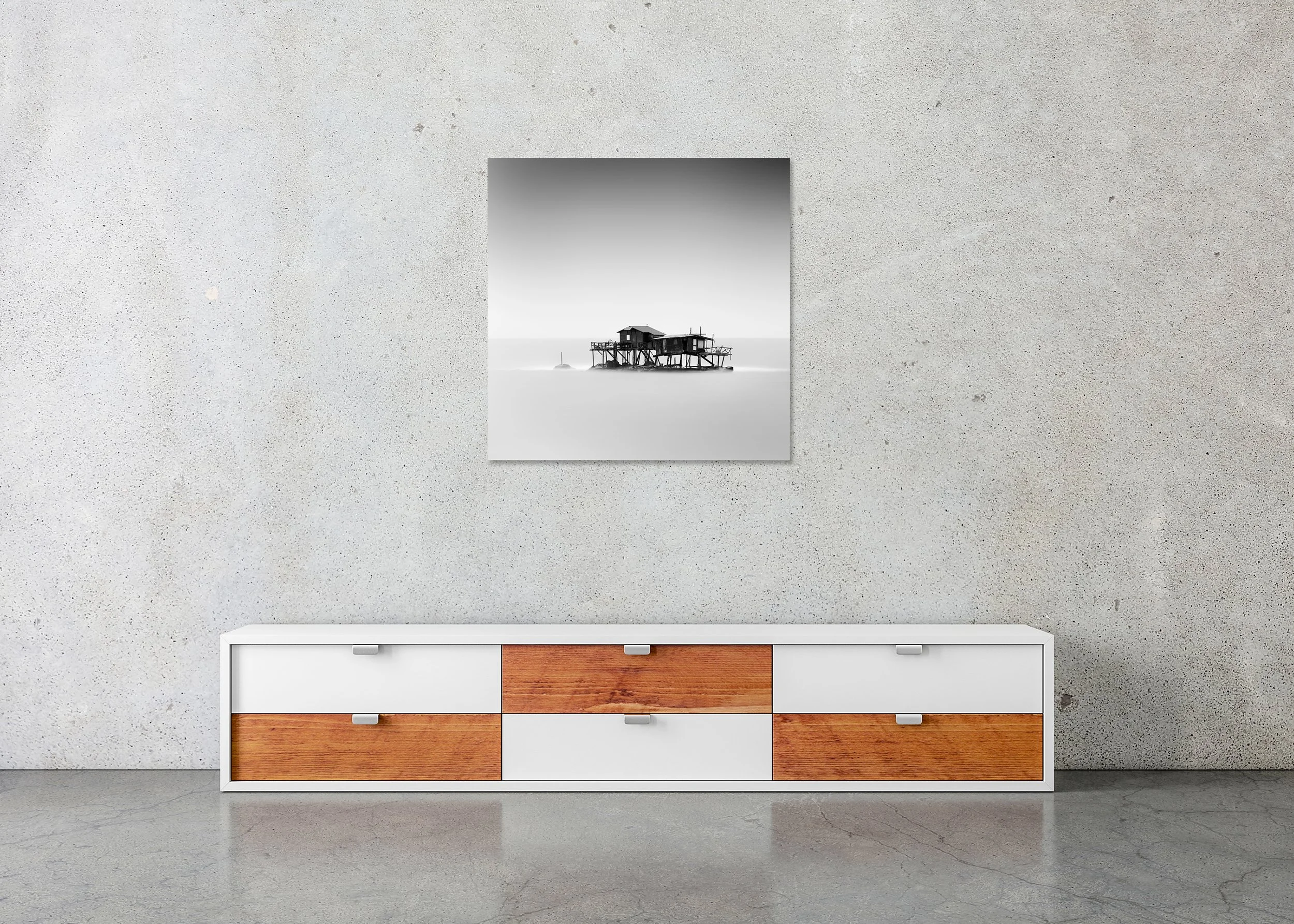 Marina di Pisa Study 1 displayed in a modern interior as a frameless black-and-white aluminium Dibond print by Gerald Berghammer.