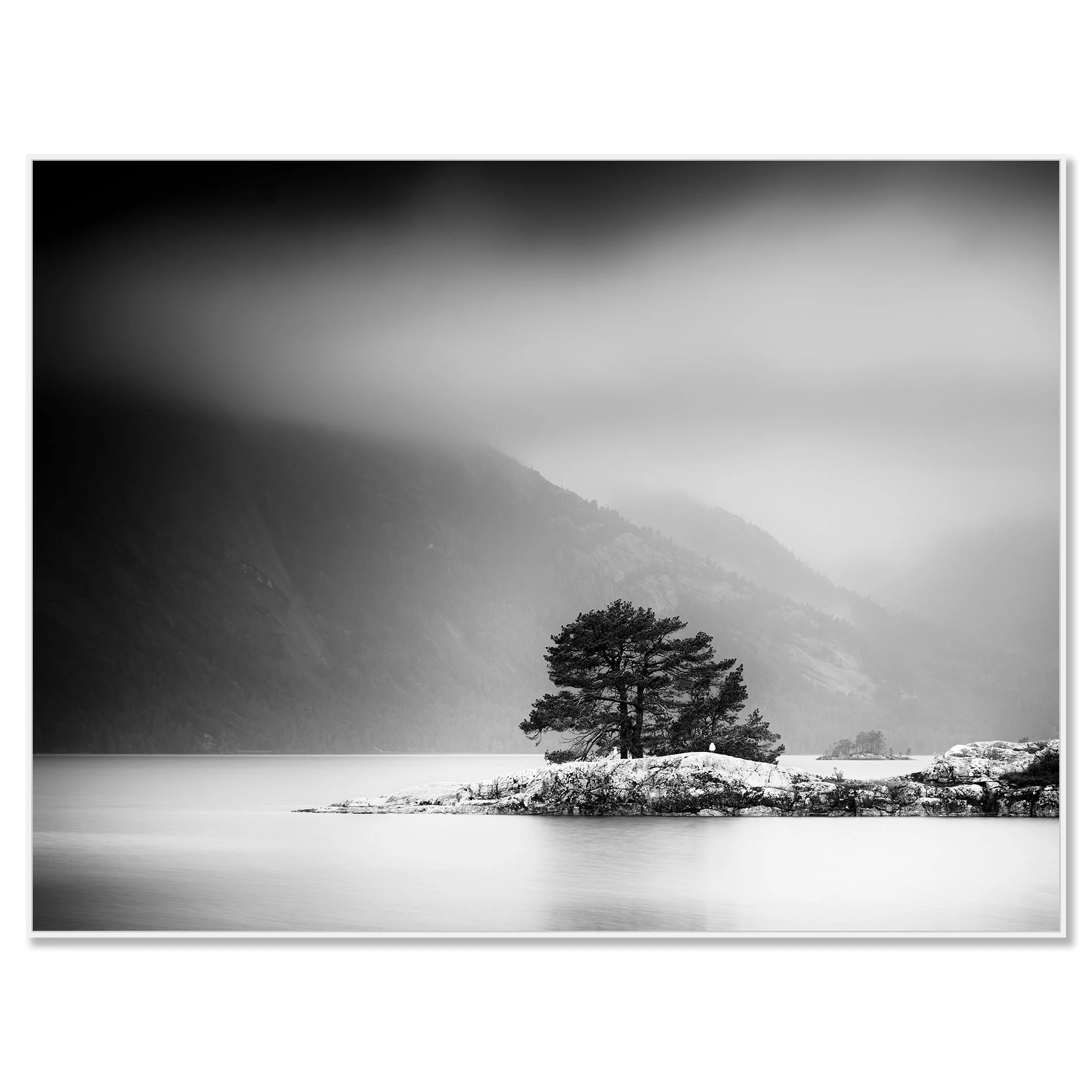 Black and white fine art photograph of a lone pine tree on a small island in a misty mountain lake – framed ArtBox white