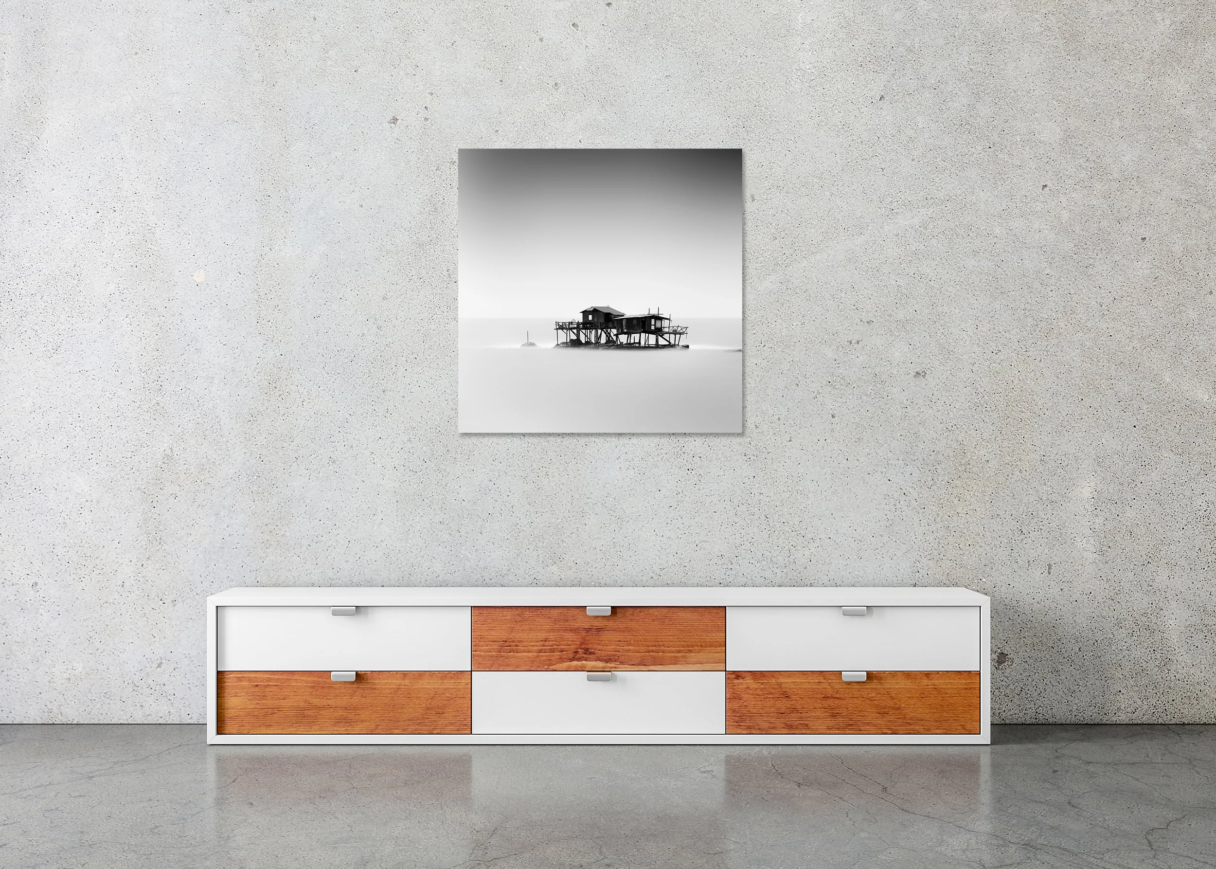 Minimalist long-exposure seascape of stilt huts in the water at Marina di Pisa, Tuscany, Italy, archival pigment print in a classic frame with mount