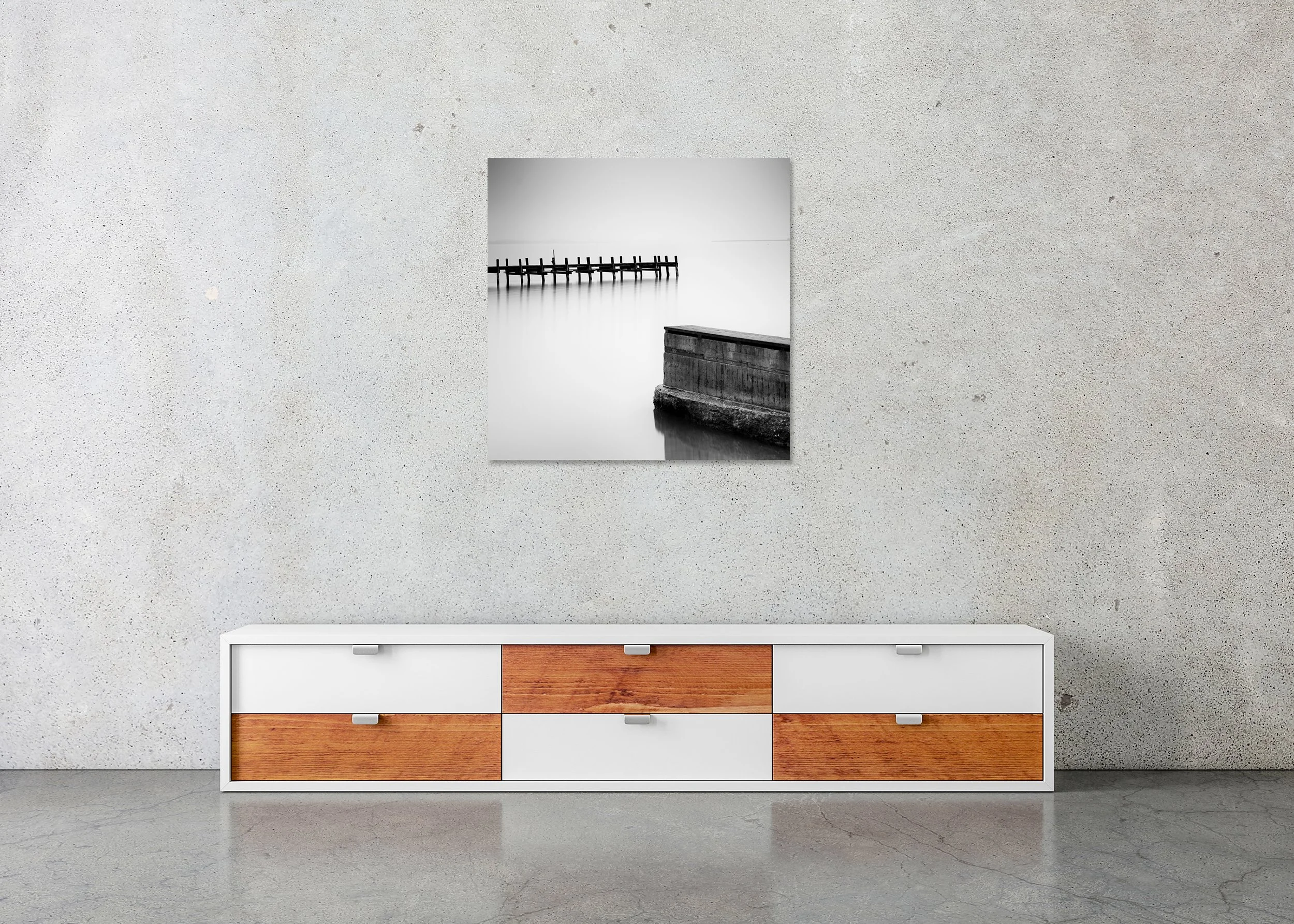 Black and white photo print of an old wooden pier over still water in a minimalist landscape, mounted to Dibond, frameless