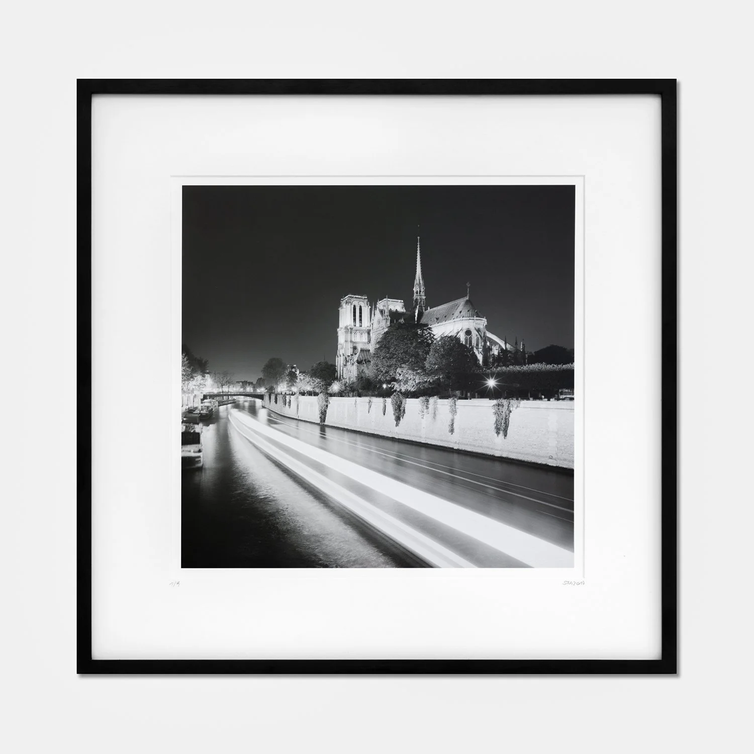 Gerald Berghammer – Notre Dame Night 1, Paris, framed black-and-white gelatin silver print with a dark-brown wooden frame and white archival mount.