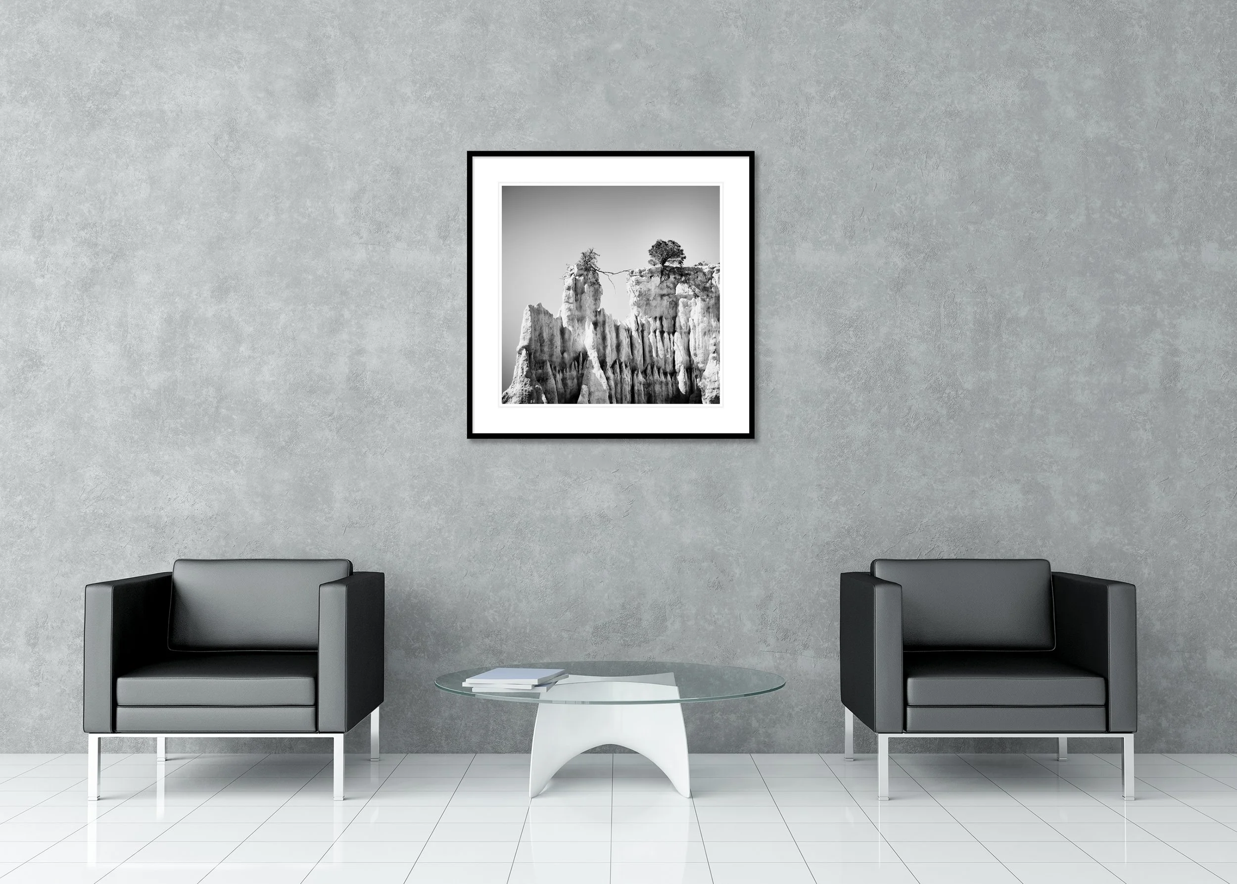 Black-and-white minimalist landscape photograph of two trees atop a rugged cliff, one leaning over the edge, archival pigment print in a classic frame with passe-partout.