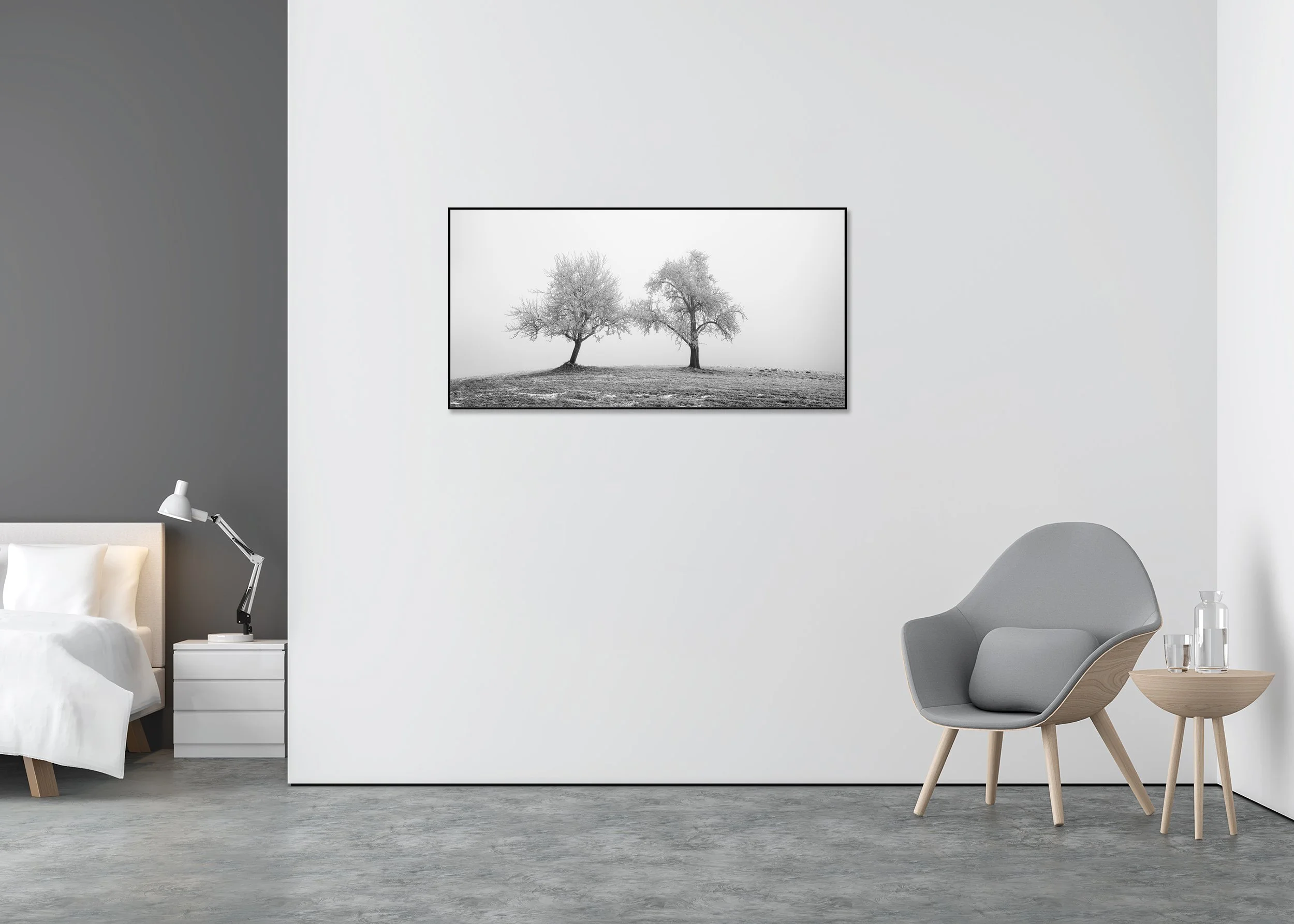 Two Lonely Frozen Trees Panorama by Gerald Berghammer, two frost-covered trees on a gently sloping field in a misty Austrian winter landscape.