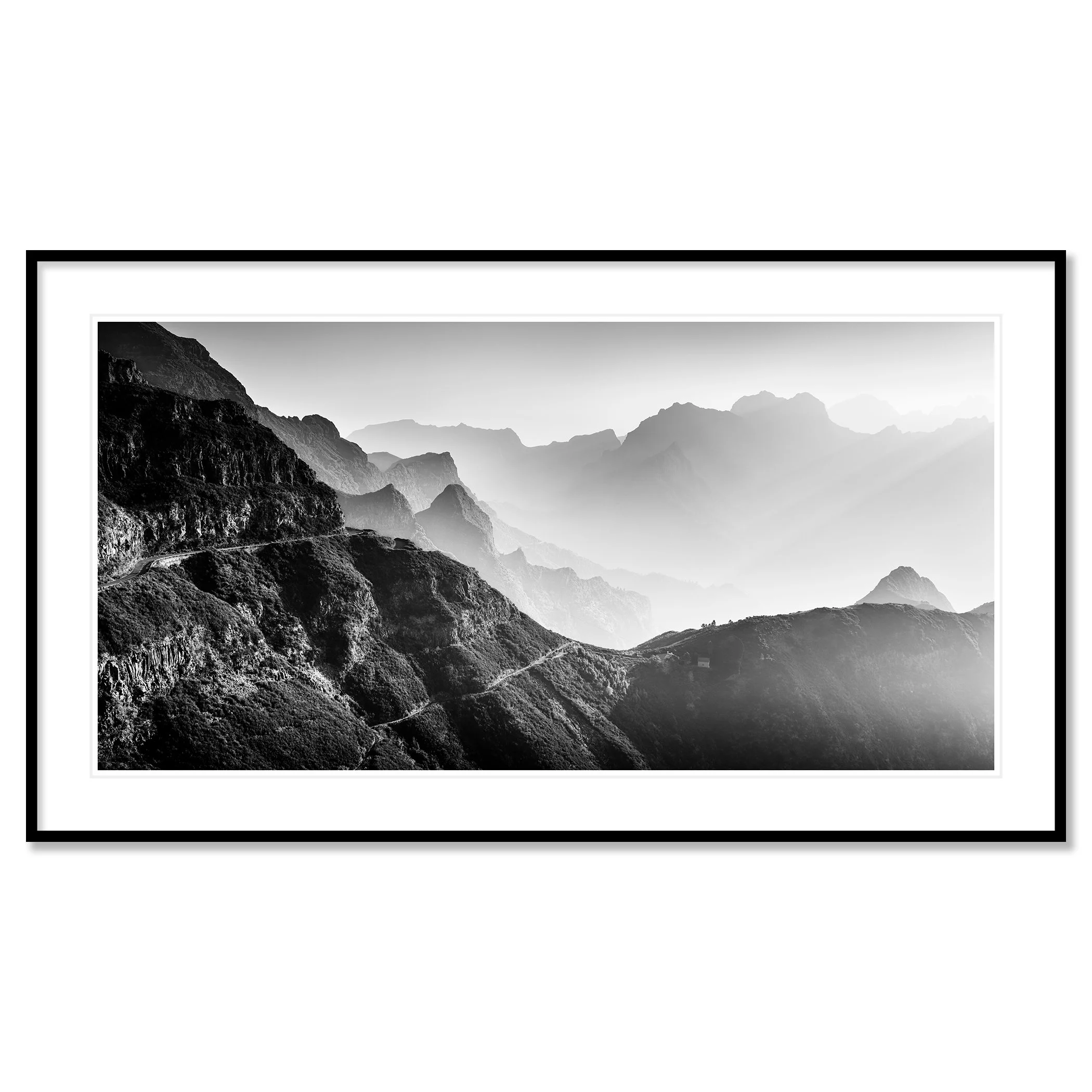 Morning Light in the Mountains Study 3 by Gerald Berghammer in a black aluminium frame with a white mount.