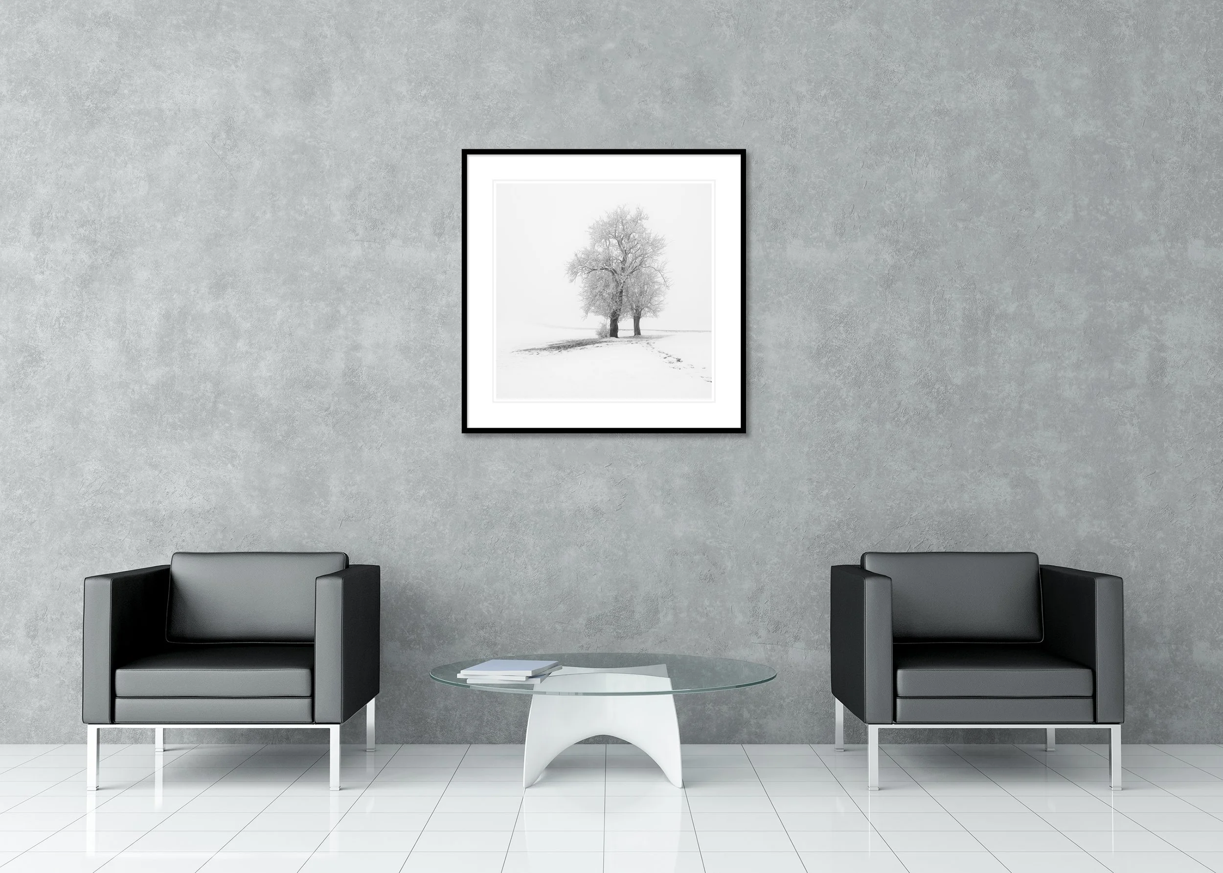Frosted Trees in Silence – Austria, archival pigment print in a black aluminium frame with white mount, displayed in a modern lounge.