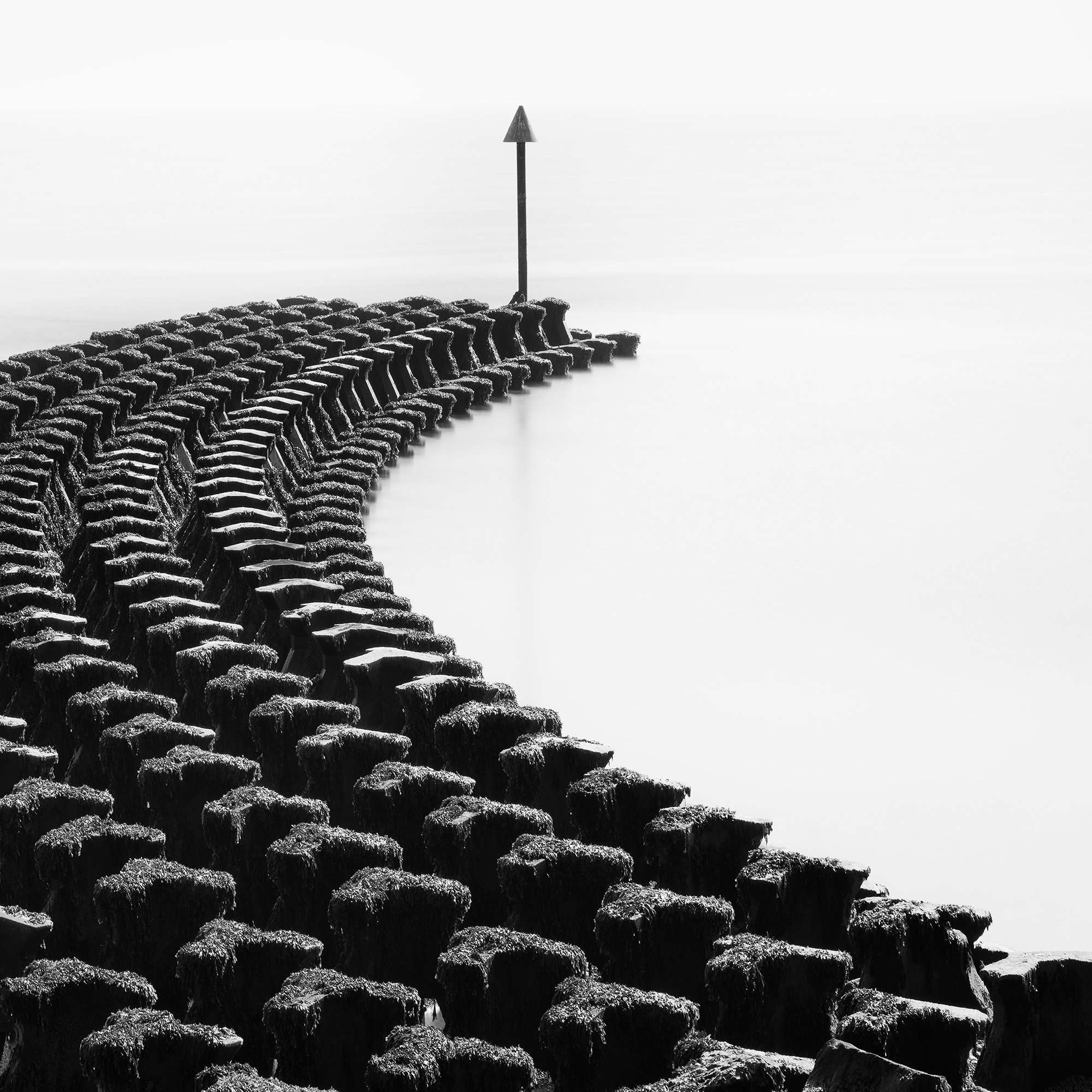 Close-up detail of the wooden groynes and calm North Sea in Cobbolds Point Study 1 by Gerald Berghammer.