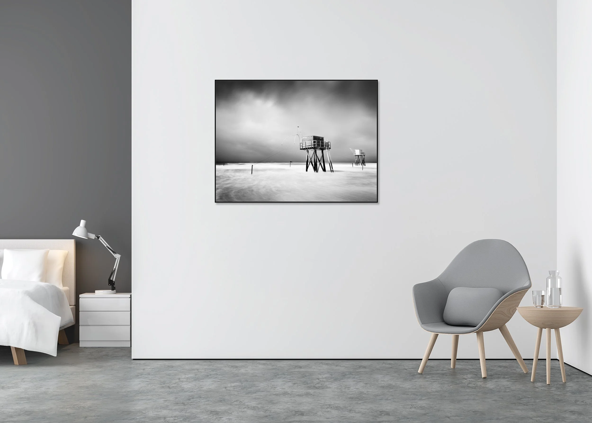 Fishing Hut on Stilts Study 4 displayed in a modern interior, mounted on aluminium Dibond in a black ArtBox frame by Gerald Berghammer.