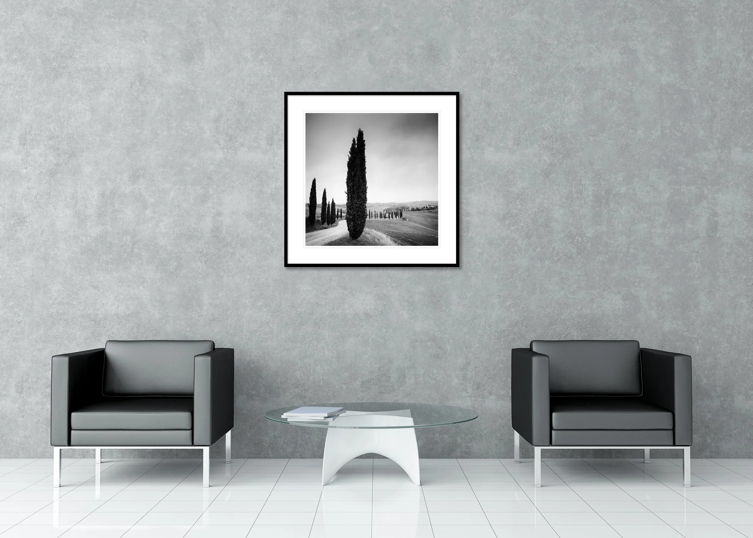 Monochrome countryside print with cypress trees, fields and a curving lane in a classic frame with a mount
