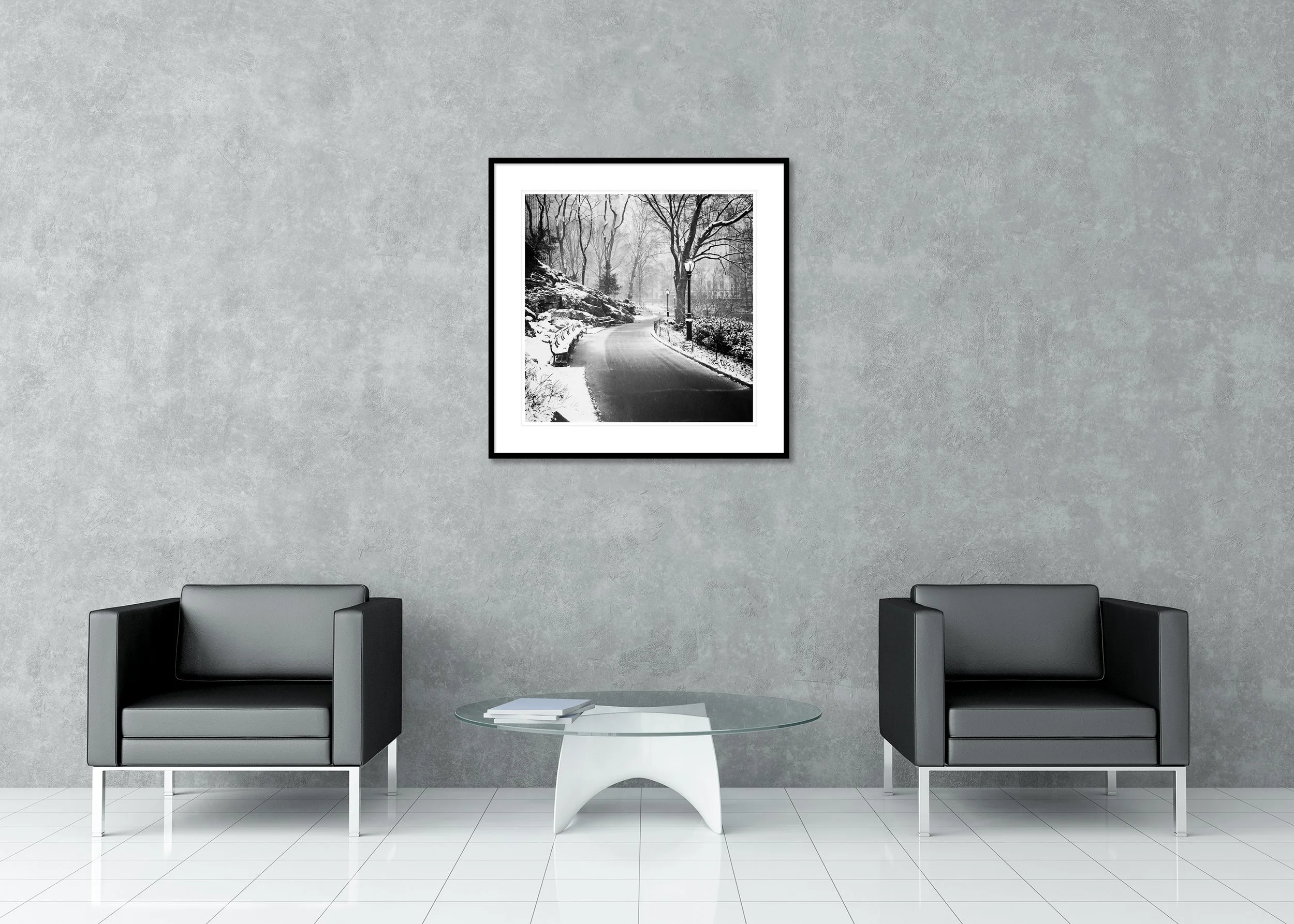 Snow-Covered Central Park Study 3 – New York City, black-and-white archival pigment print in a classic frame with a mount and anti-reflective glass