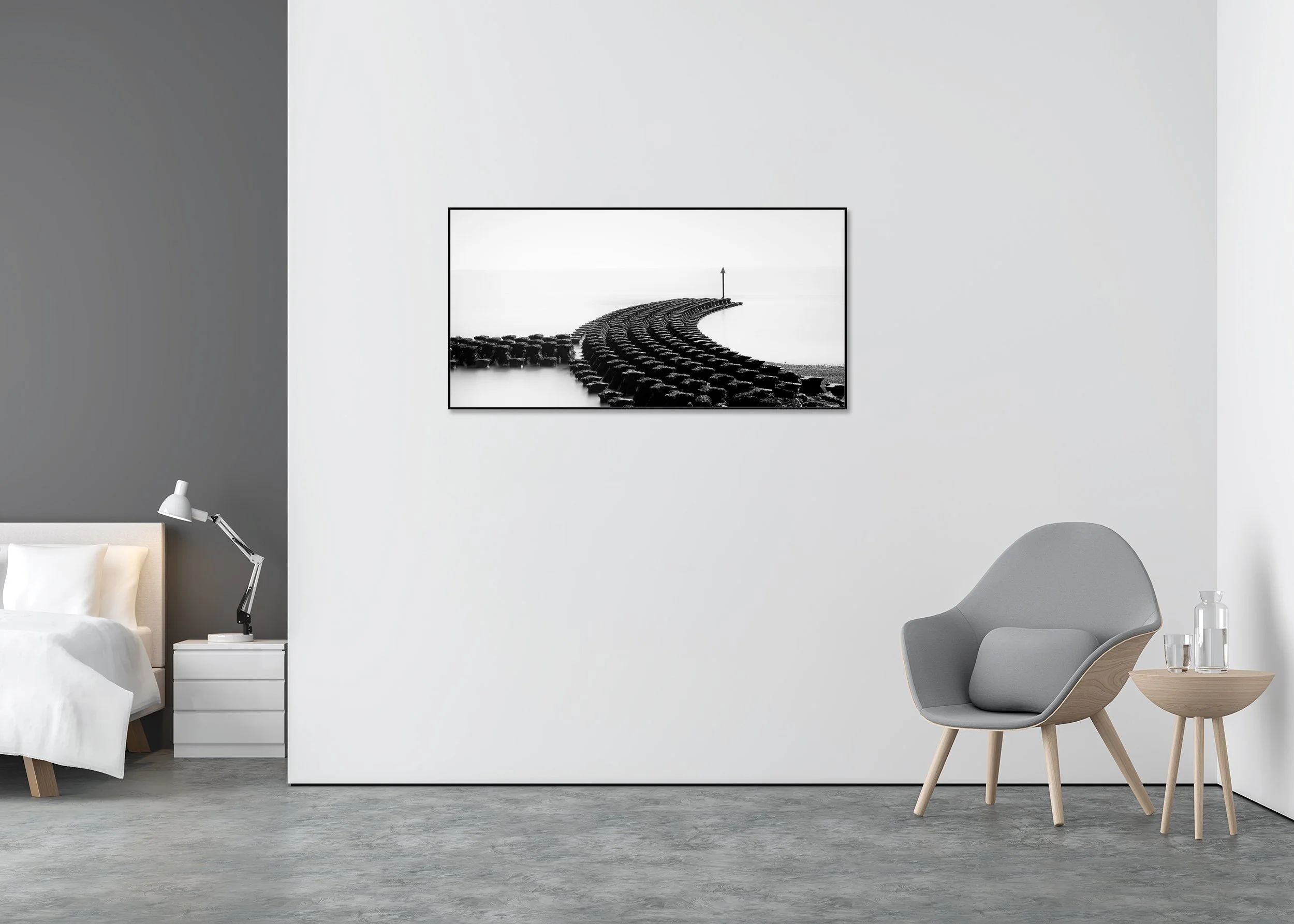 Cobbolds Point Panorama Study 2 displayed in a modern interior, mounted on aluminium Dibond in a black ArtBox frame by Gerald Berghammer.