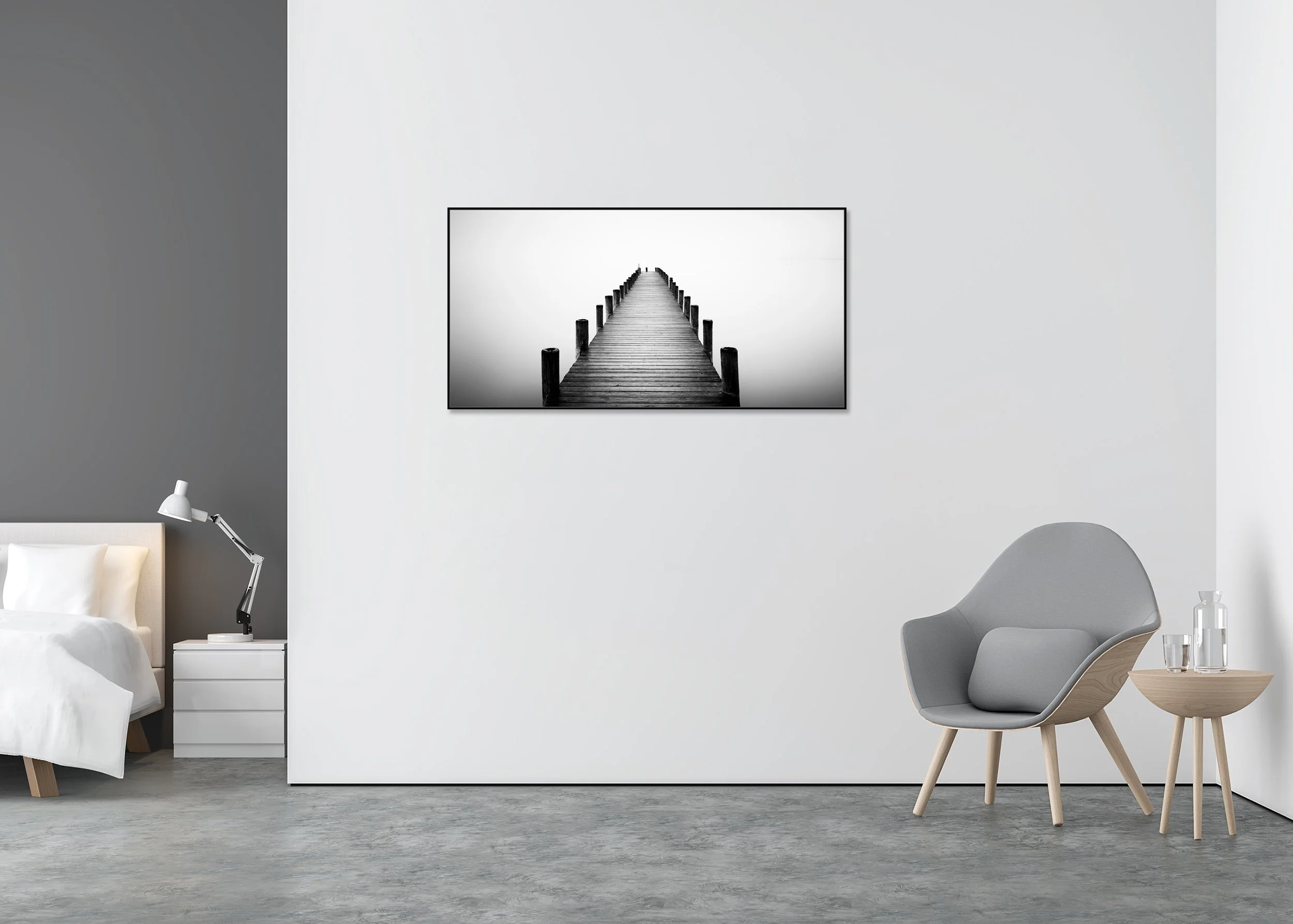 Minimalist black and white photo print of a long wooden jetty in the mist, mounted to Dibond in an aluminium ArtBox frame
