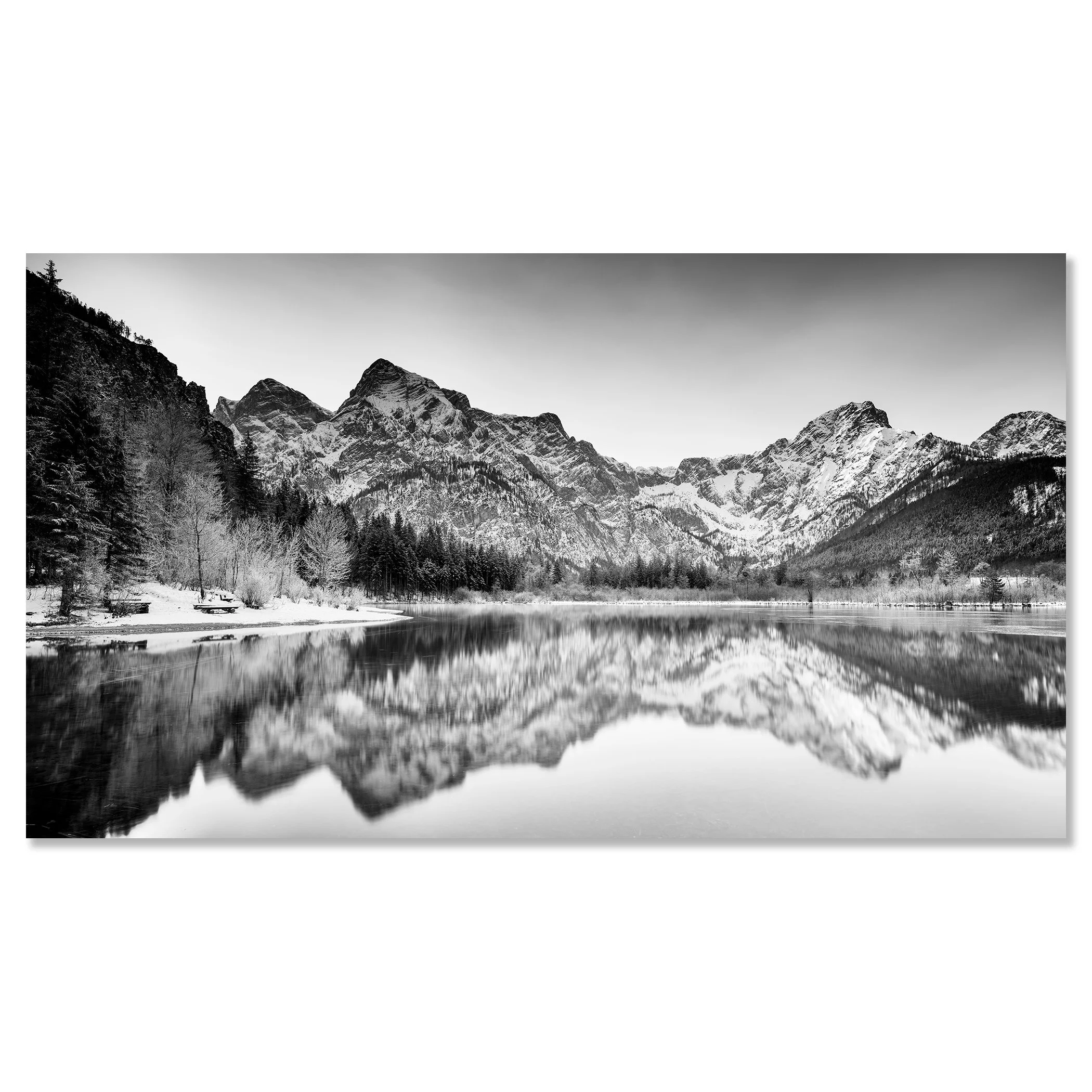 Black-and-white winter panorama of Almsee lake with snowy mountains in Austria – dibond frameless