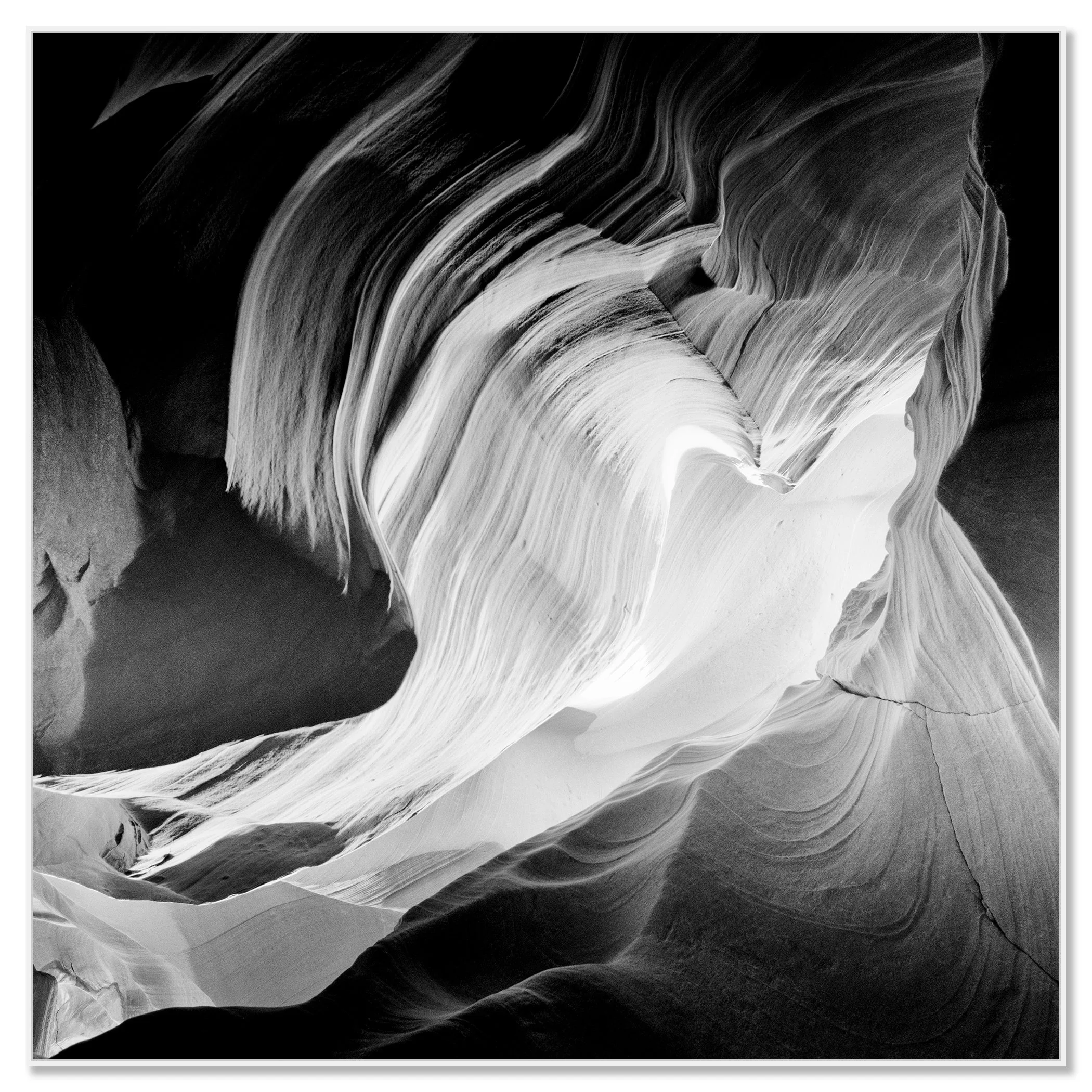 Heart by Gerald Berghammer, black-and-white Antelope Canyon photograph on aluminium Dibond in a white aluminium ArtBox frame.