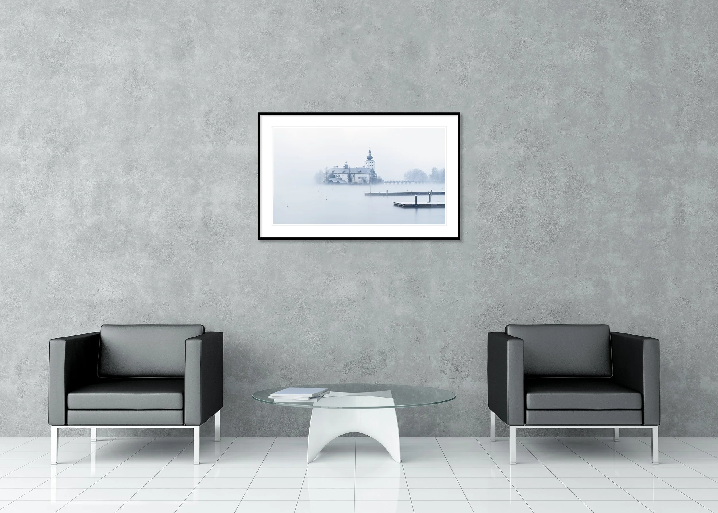 Seeschloss Ort in Winter, Study 1 – archival pigment print in an aluminium frame with a white mount displayed in a modern interior. Photo by Gerald Berghammer.