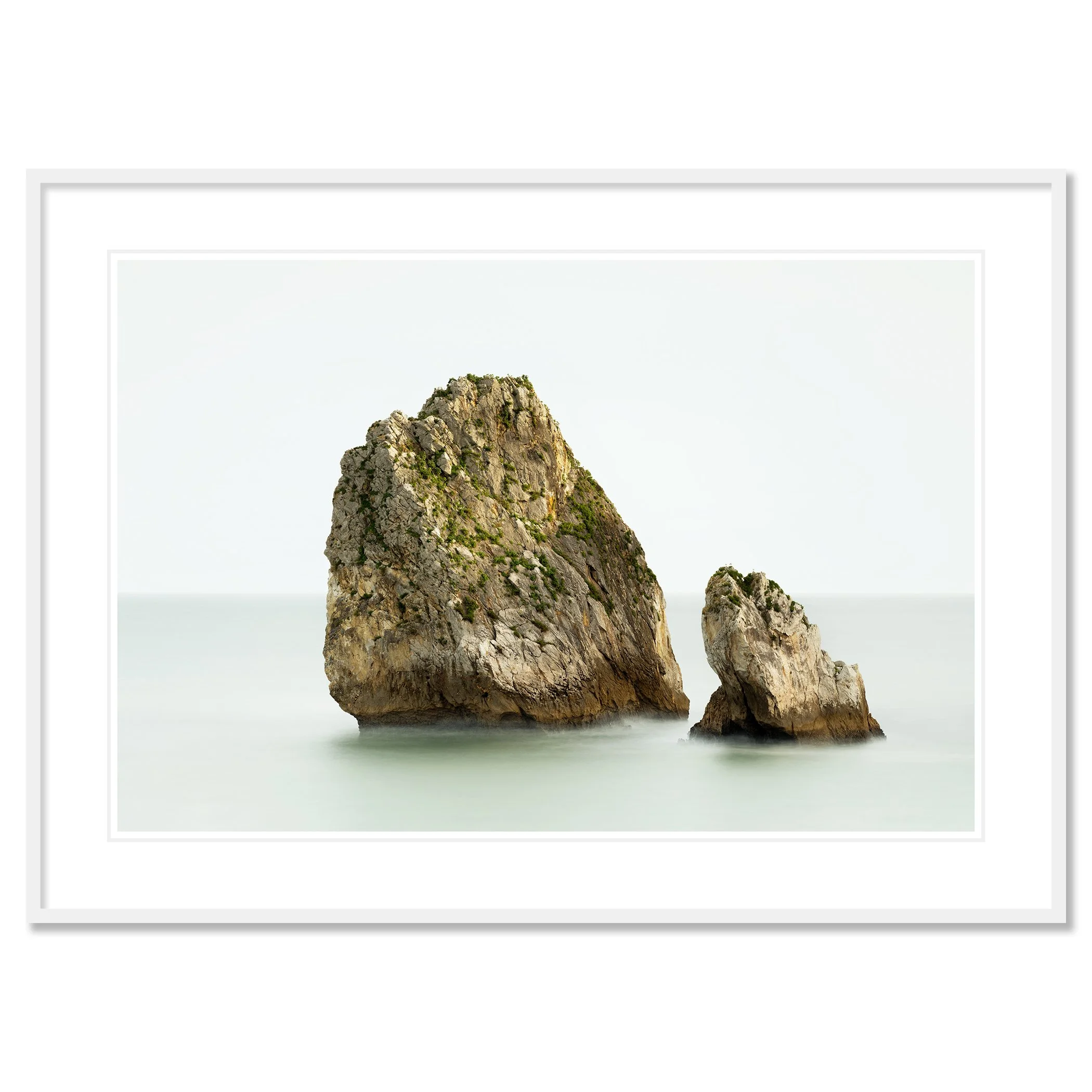 Two Rocks in the Sea Study 1 by Gerald Berghammer as an archival pigment print in a white aluminium frame with white mount.