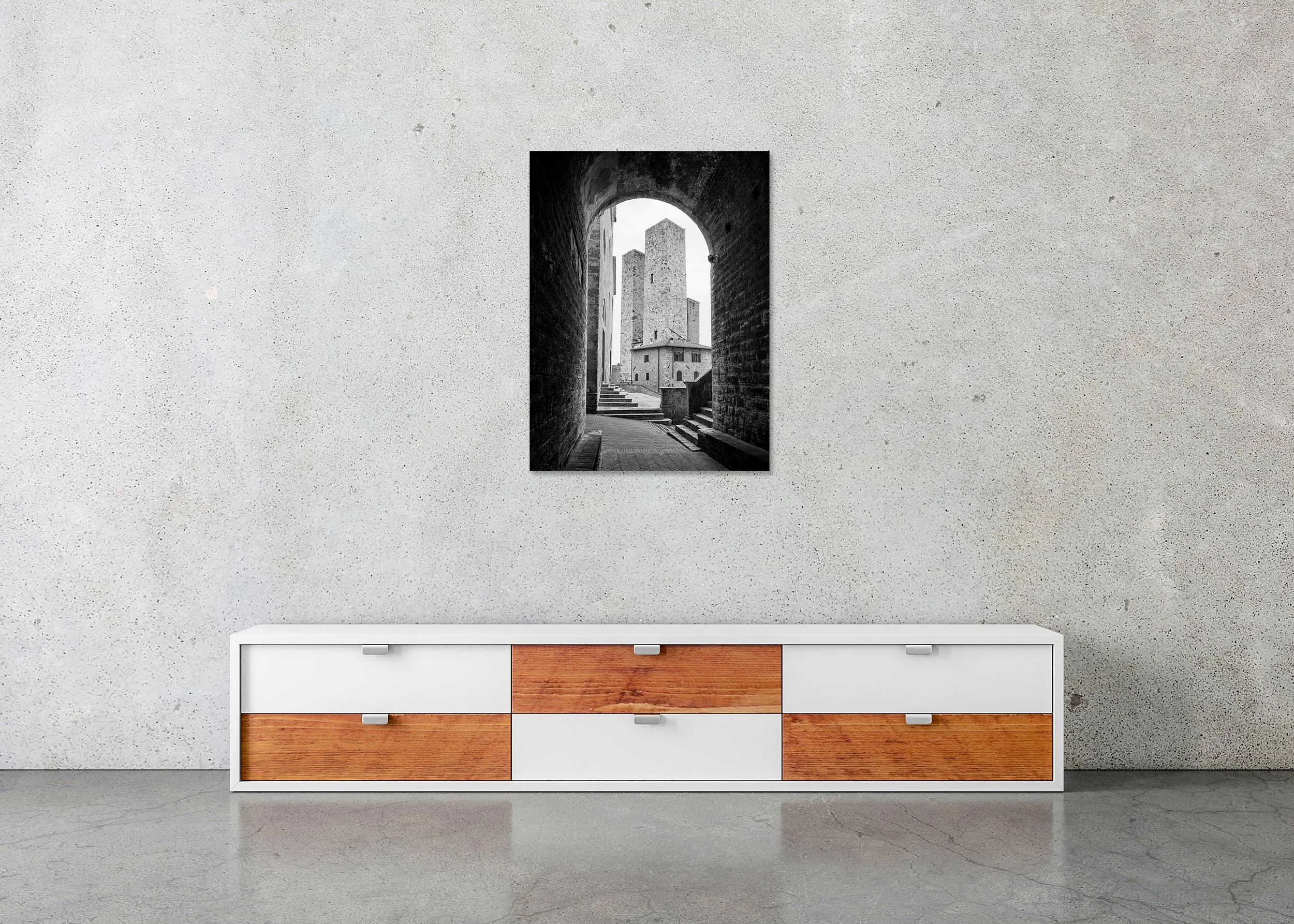 San Gimignano Study 1 displayed in a modern interior as a frameless black-and-white aluminium Dibond print by Gerald Berghammer.