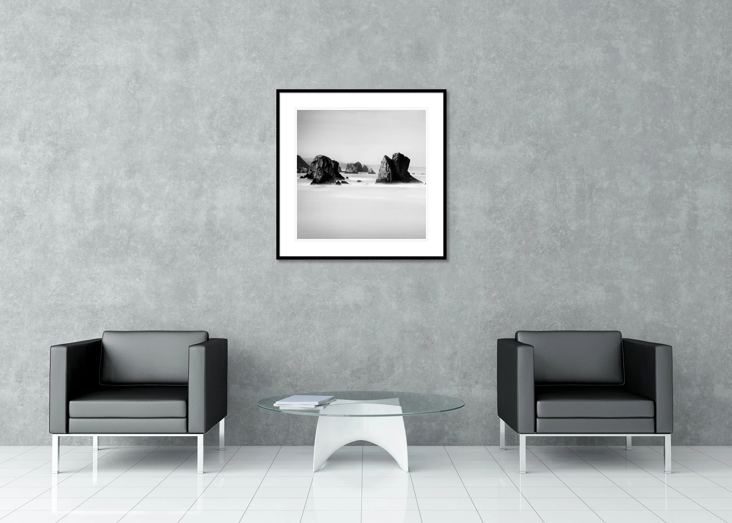 Playa del Silencio Study 2 displayed in a modern interior as an archival pigment print in an aluminium frame with a white mount. Photo by Gerald Berghammer.