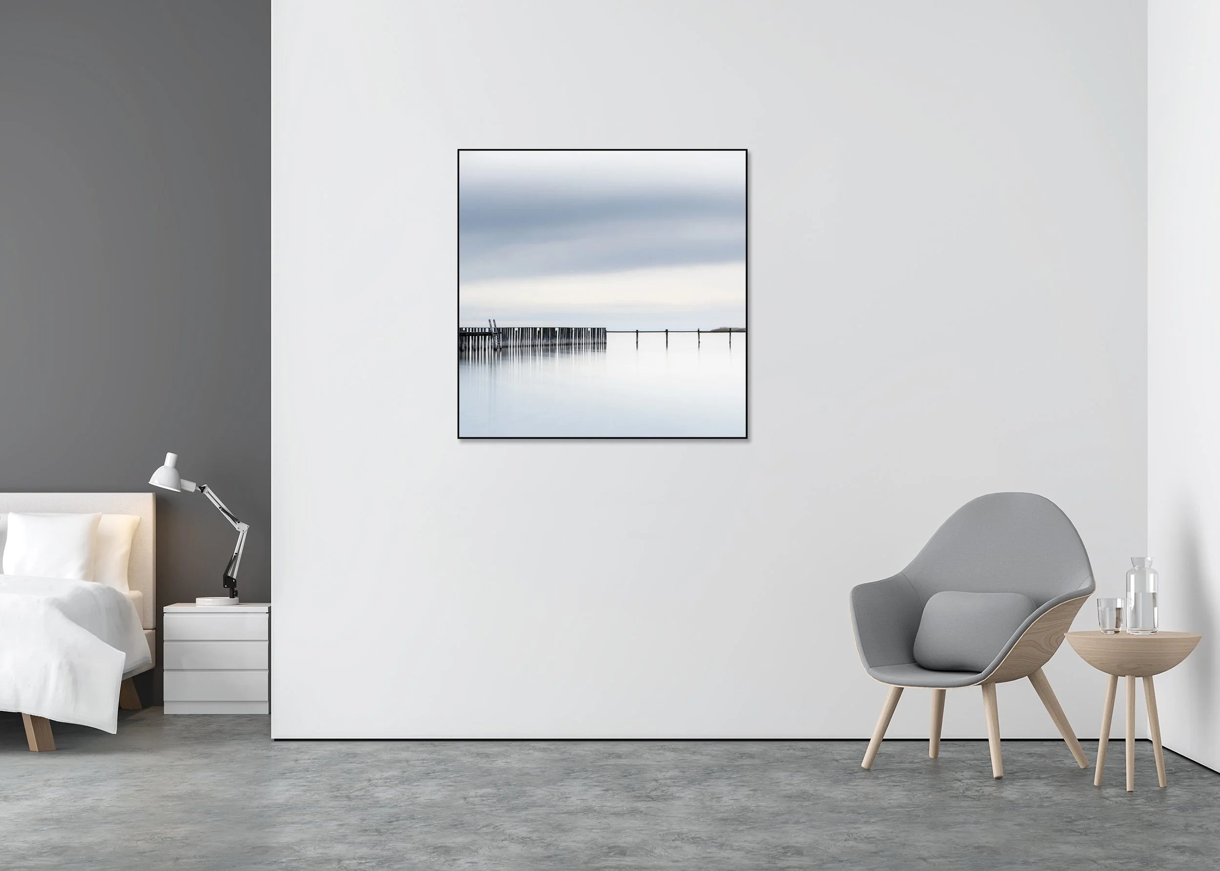 Swimming Area, Colour Study 1 – colour photograph on Dibond in an aluminium ArtBox displayed in a minimalist interior. Photo by Gerald Berghammer.