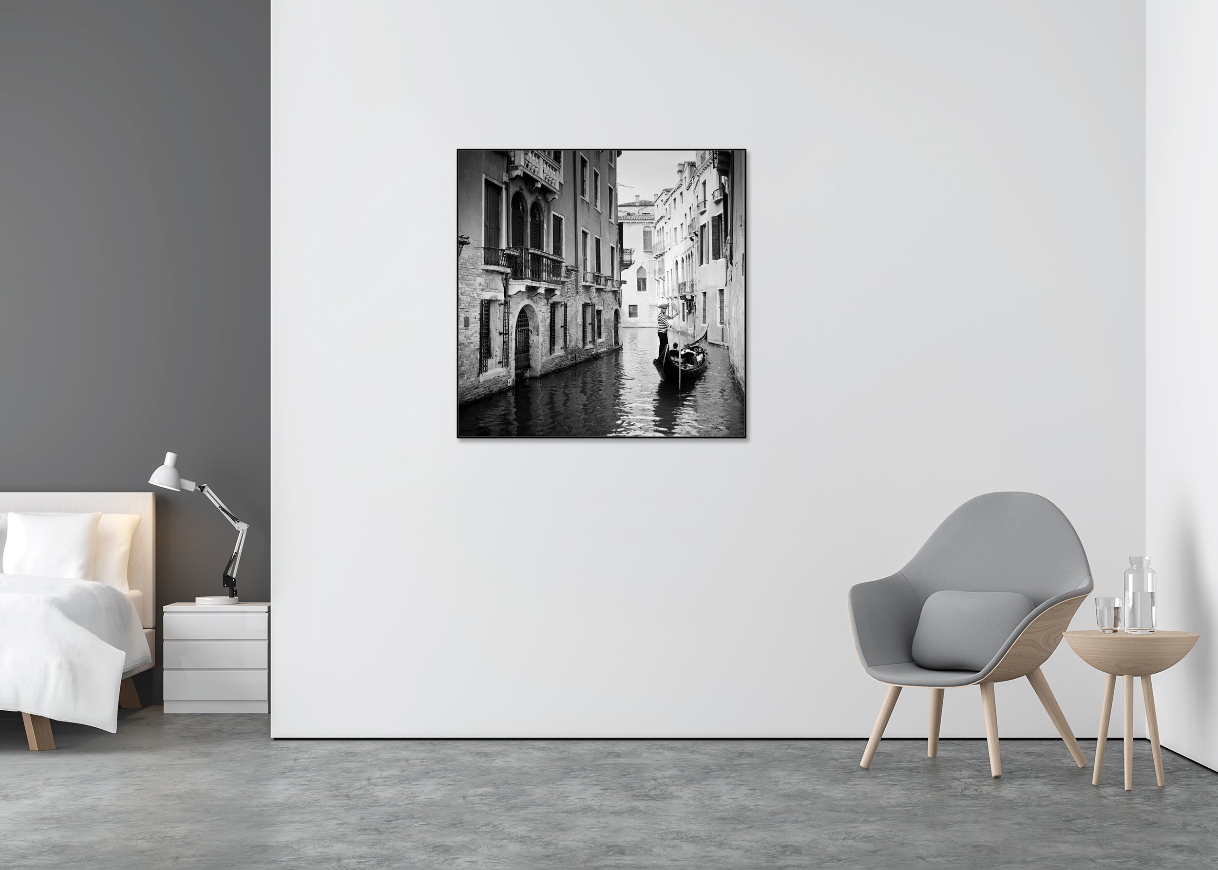 Gondolier, Study 1 – black-and-white Dibond print in a black aluminium ArtBox displayed in a minimalist bedroom.