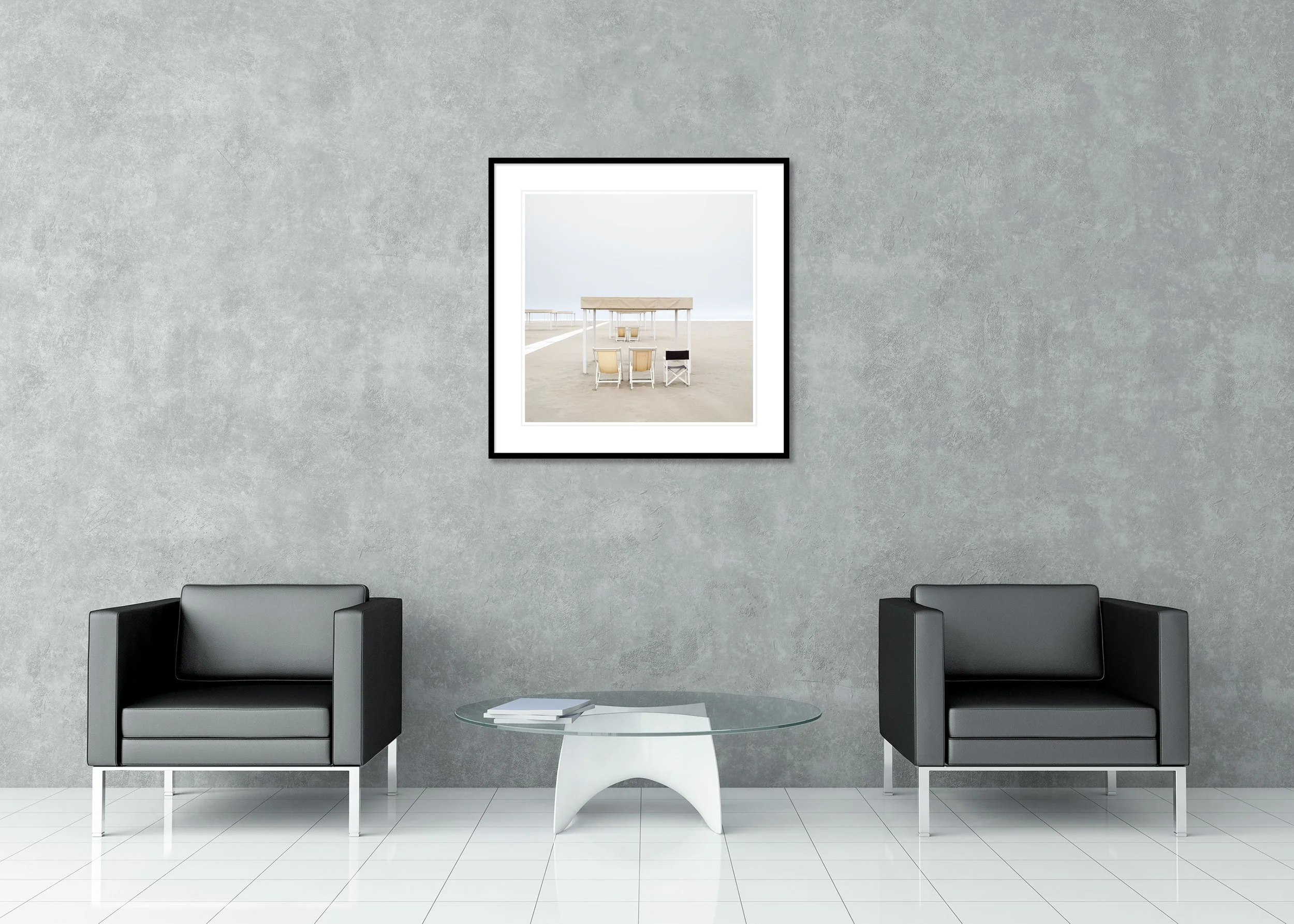 Sun Loungers on the Beach, Study 1 – colour archival pigment print in an aluminium frame with a white mount displayed in a modern interior.