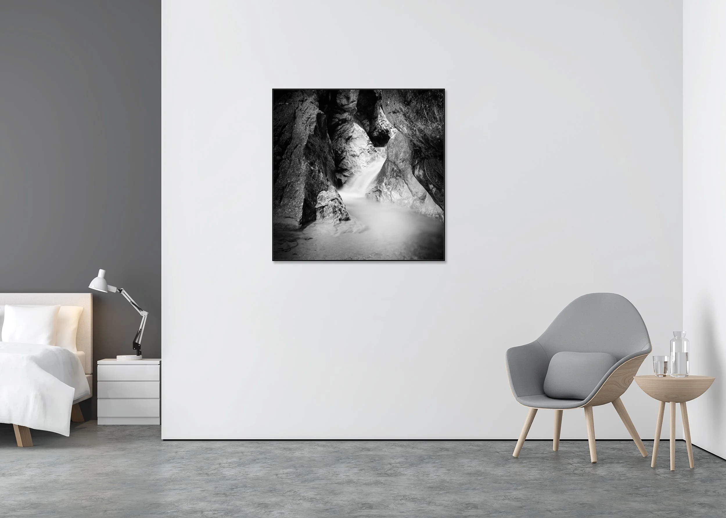 Wild Water Canyon Study 1 – Austria, black-and-white fine art photo print mounted to Dibond in an aluminium ArtBox