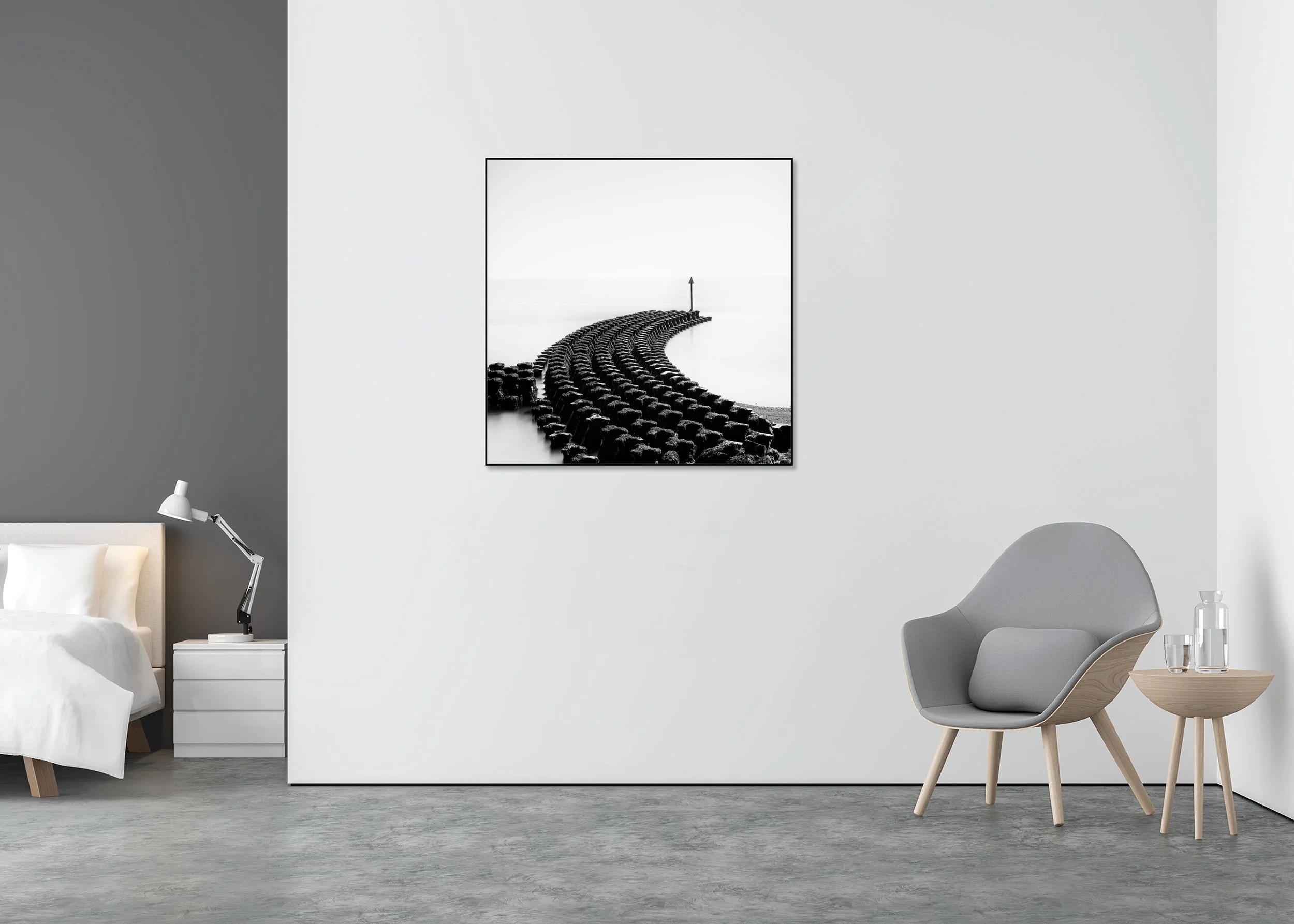 Black and white long exposure coastline print with curved groynes and solitary sign, mounted to Dibond in aluminium ArtBox