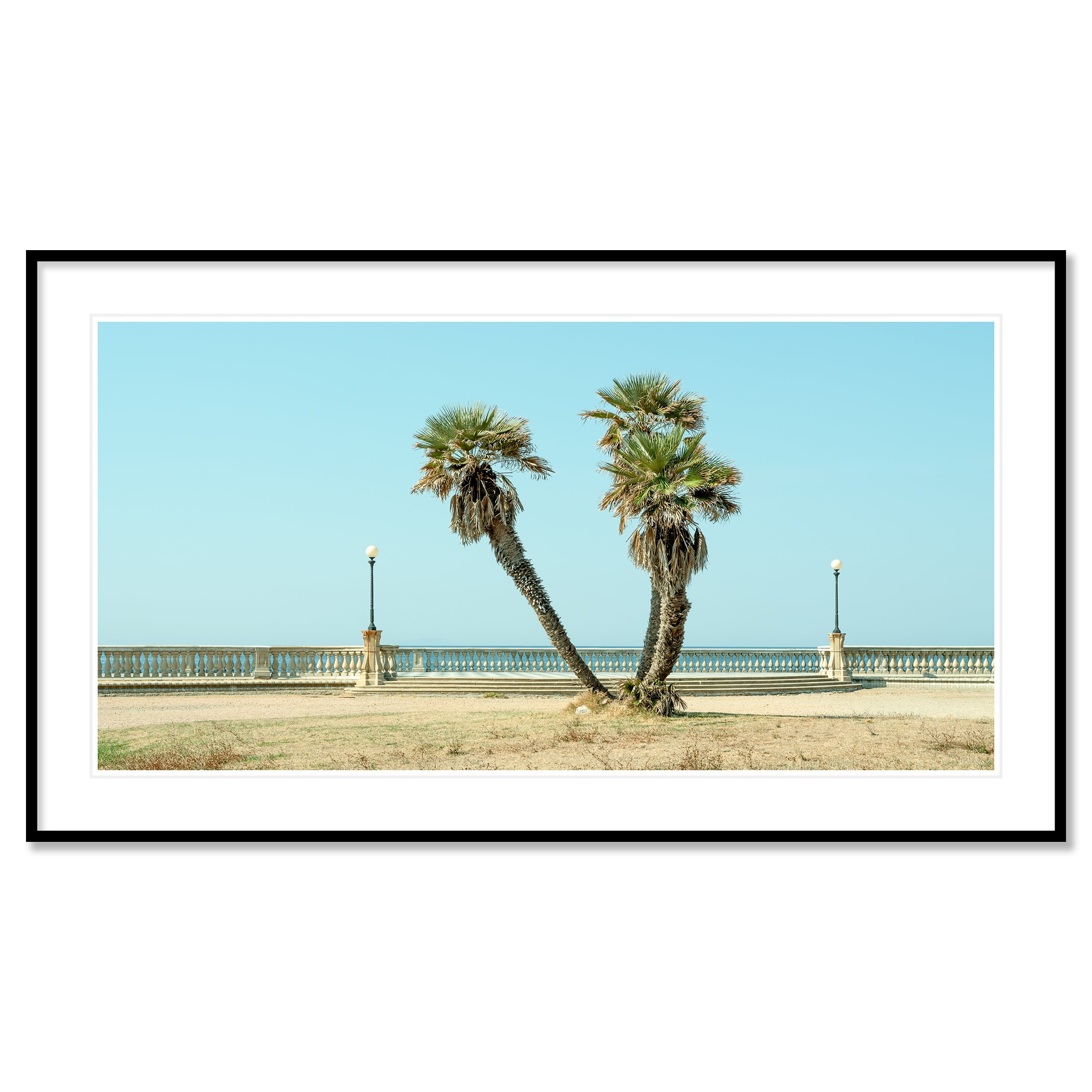 Twin Palms by the Sea – Tuscany, pigment print in a black aluminium frame with mount, photo by Gerald Berghammer.