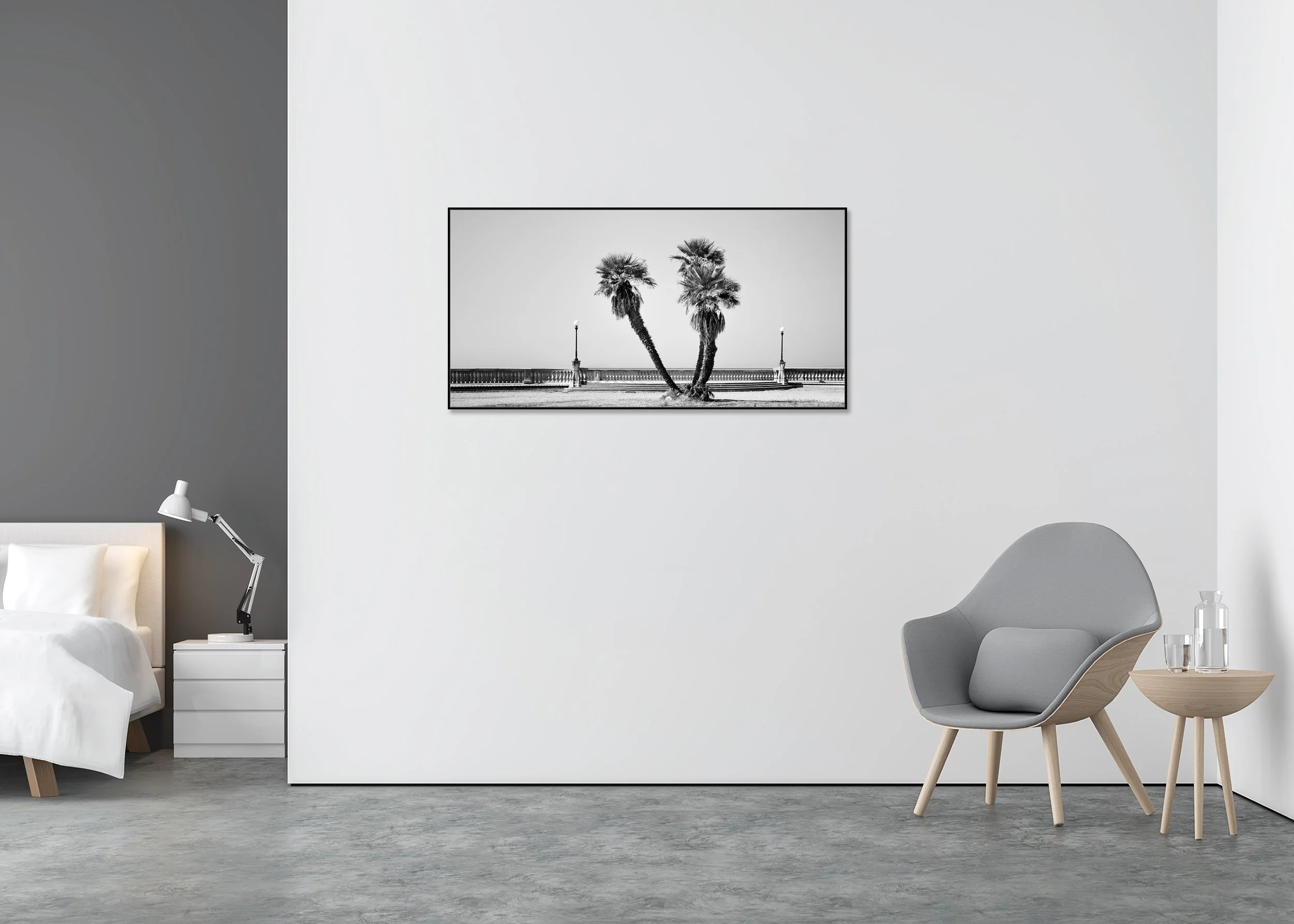 Monochrome panoramic photo of two leaning palm trees on Terrazza Mascagni, Tuscany, on ChromaLuxe aluminium ArtBox metal print