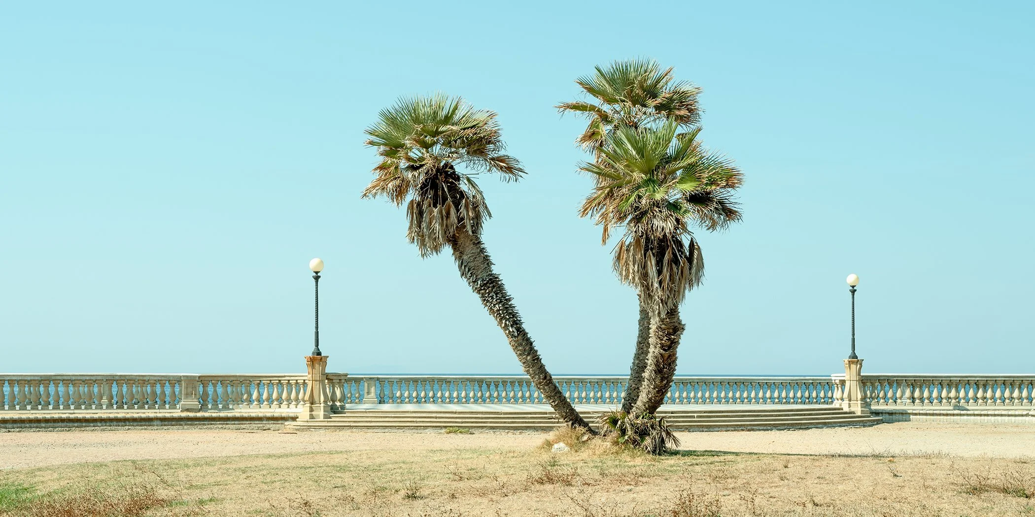Mediterranean coastal scene with two palm trees, stone balustrade and blue sea in Tuscany, photo by Gerald Berghammer.