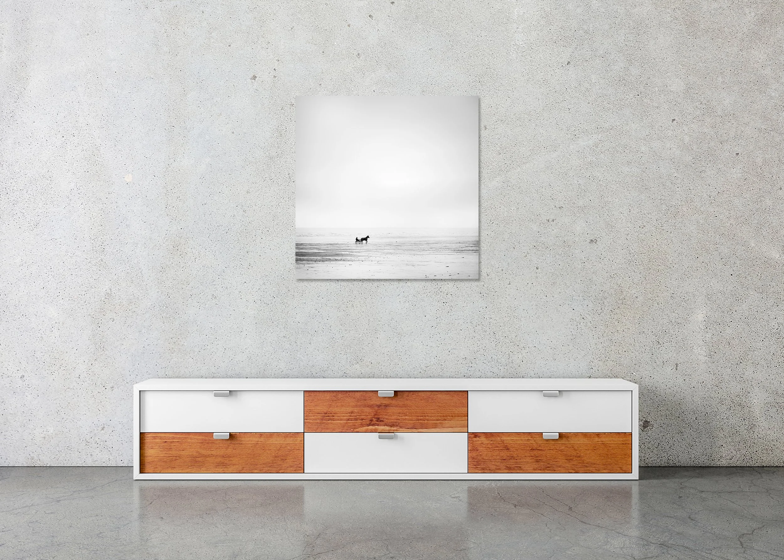Minimalist black-and-white photo of a horse pulling a small cart across an empty beach under a foggy sky, photo print mounted to Dibond, frameless