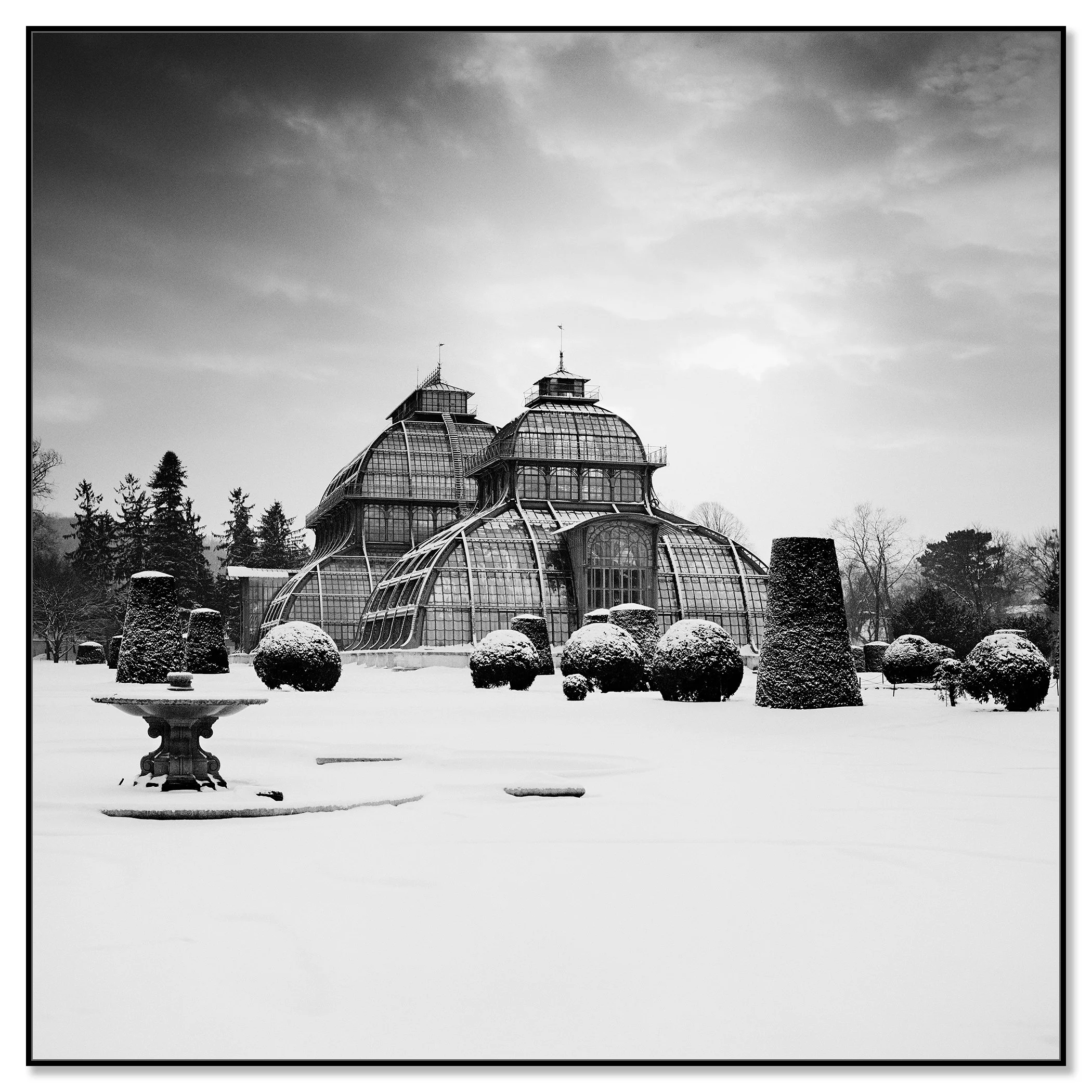 Black-and-white print of the Palm House at Schönbrunn Palace, Vienna, in winter snow, framed ArtBox black