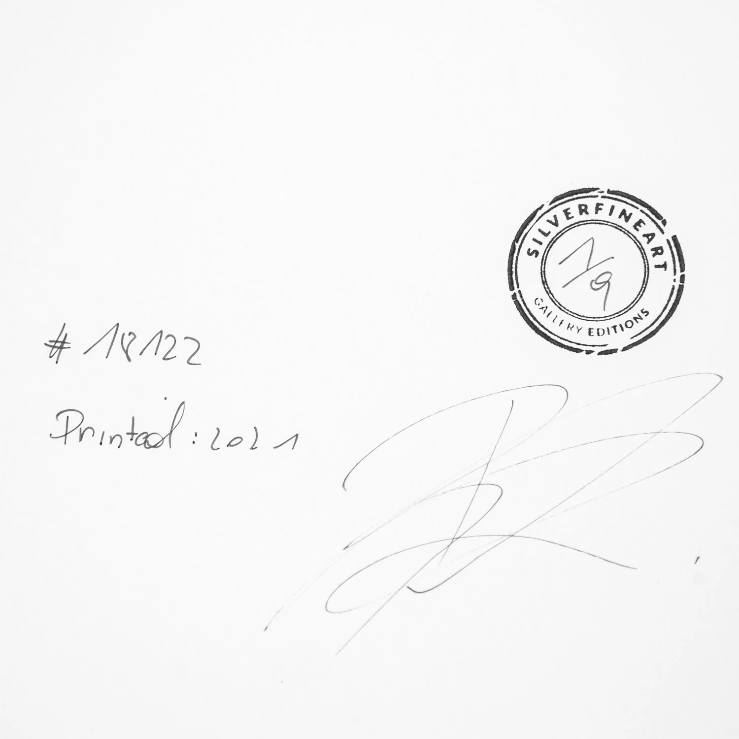 Artist's signature, SILVERFINEART gallery stamp and catalogue number 18122 on the reverse of Antelope Canyon 6 by Gerald Berghammer.